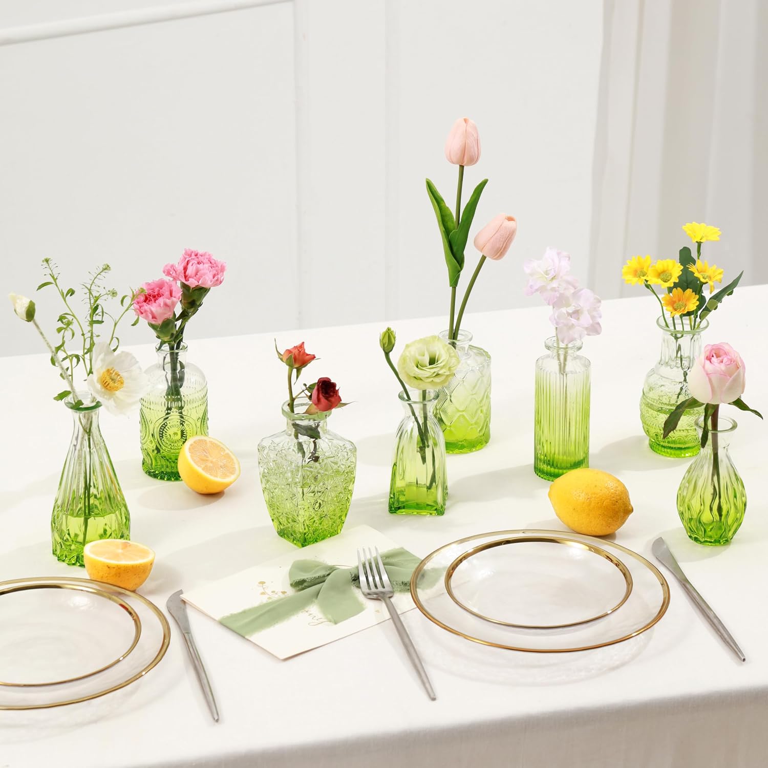 Vintage Small Glass Vases / Olive Green / Set of 10
