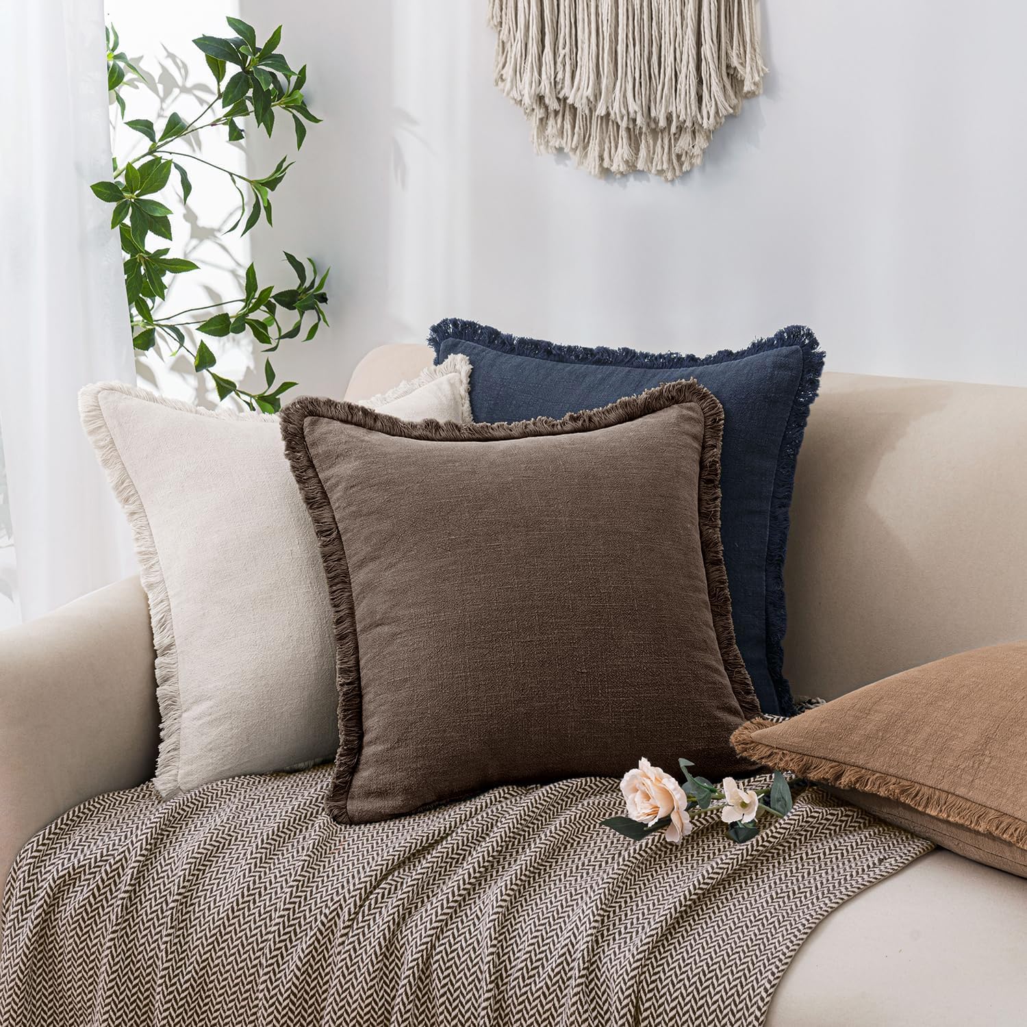 Decorative Linen Fringe Throw Pillow Covers Boho Accent / 20 x 20 / Reddish Brown / Set of 2