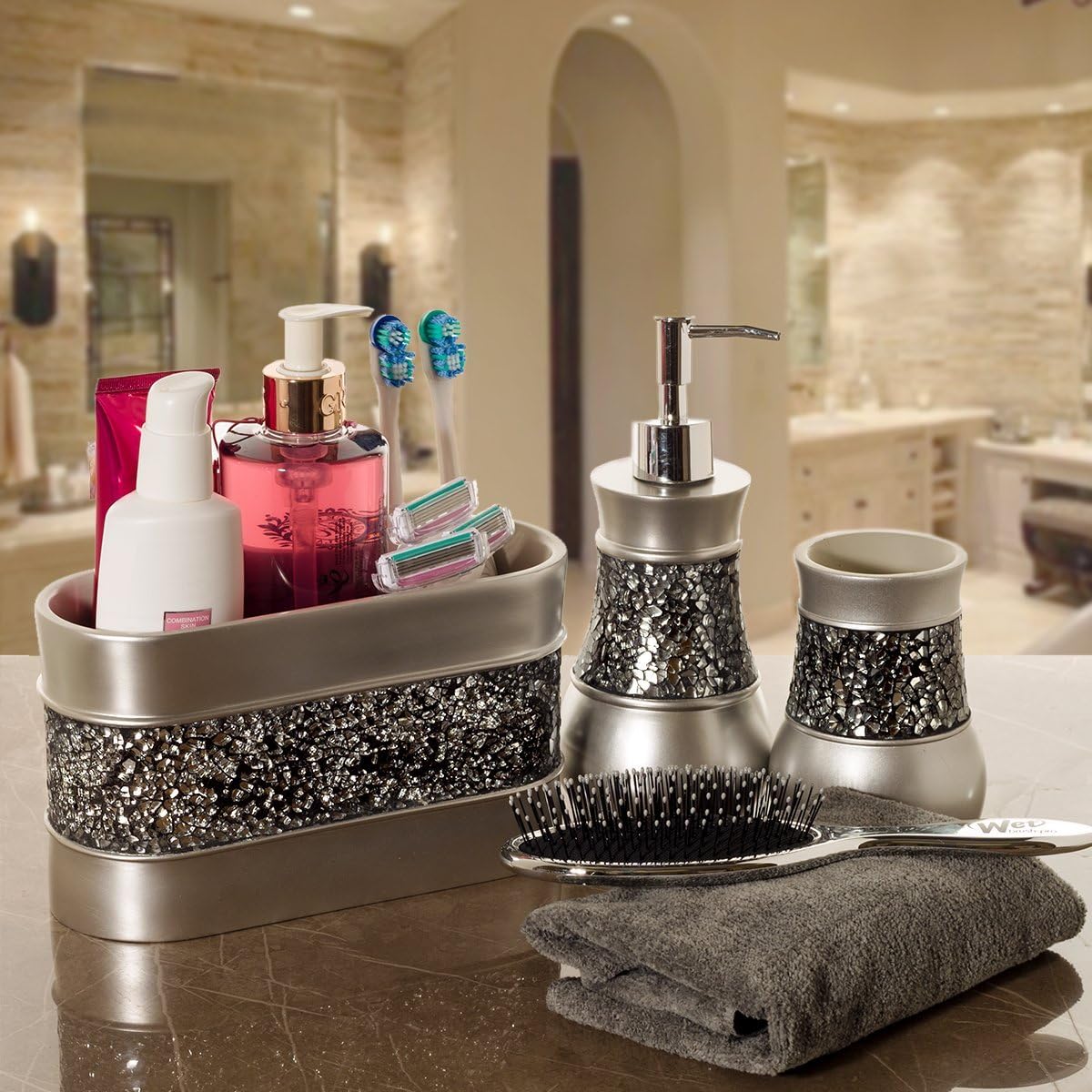 Creative Scents Crackled Glass Silver Toothbrush and Toothpaste Holder for Bathroom - Decorative Bathroom Counter