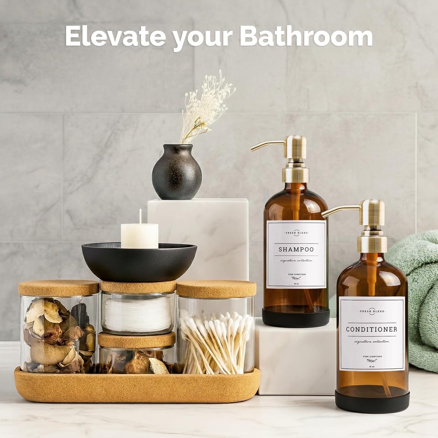 Vine Creations Amber Glass Soap Dispenser, 2 Pack Kitchen Soap Dispenser Set with Stainless Steel Pump, 16 oz Dish Soap