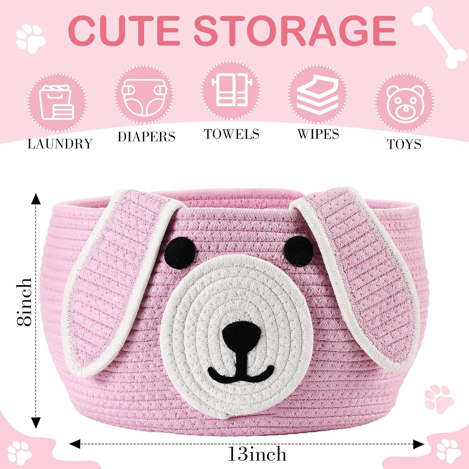 Dog Woven Basket Woven Cotton Rope Puppy Animal Storage Basket for Laundry Toy Gift / Pink / 13 x 8