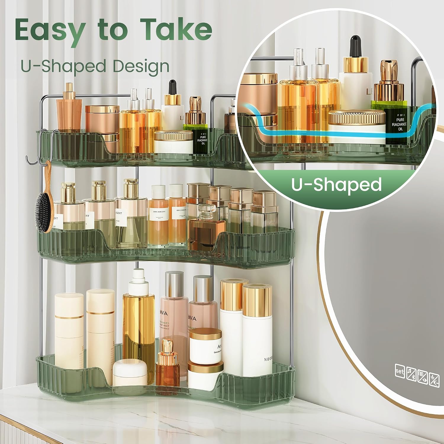 3-Tier Green Corner Organizer, PET Counter Storage with Hooks | Multi-Surface Organizer for Bathroom Vanity & Kitchen