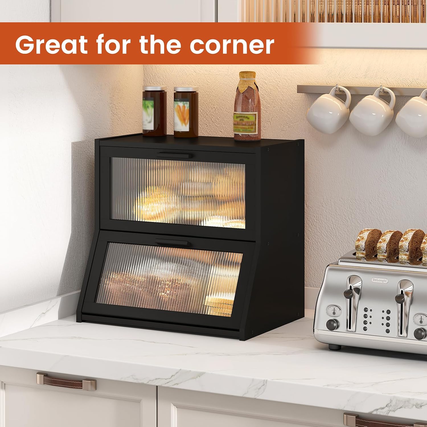 GHWIE Double Layer Bamboo Bread Box for Kitchen Counter,Large Capacity Storage Bin with Acrylic Wavy Door Panel (Black