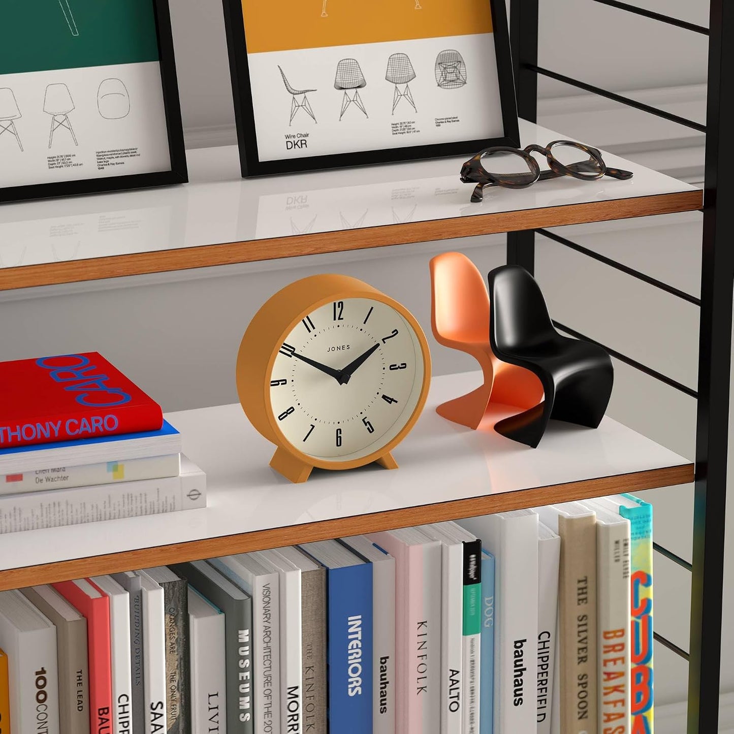 JONES CLOCKS® Venus Desk Clock | Modern Round Design | Mustard Yellow | Stylish Retro Look for Shelf, Table, Mantel or
