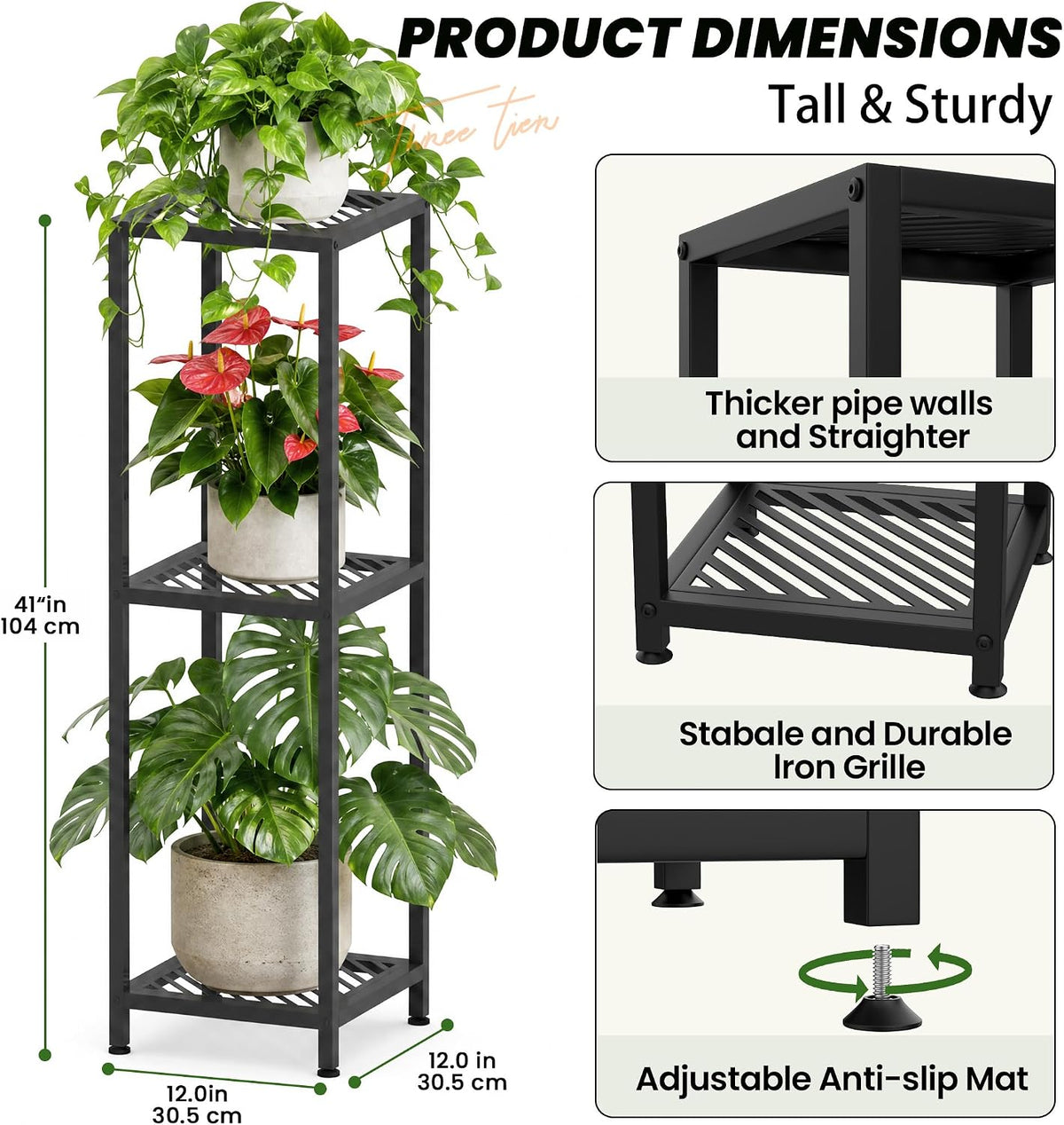 TOSKING Tall 3-Tier Heavy Duty Metal Plant Stand,12"x12"x42" ,Black | Indoor/Outdoor Corner Shelf, 300 LBS, 2 Height