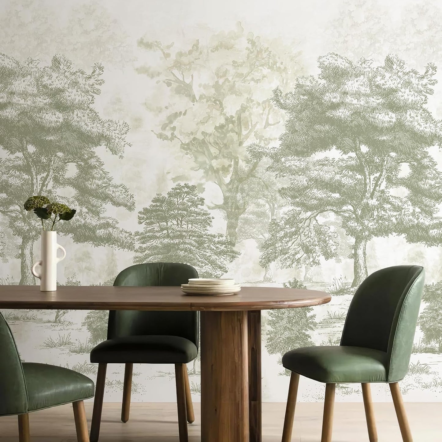 Vintage Forest Wall Murals Peel and Stick 144" W x 100" H Canvas Waterproof / Sage Green / 144 x 100
