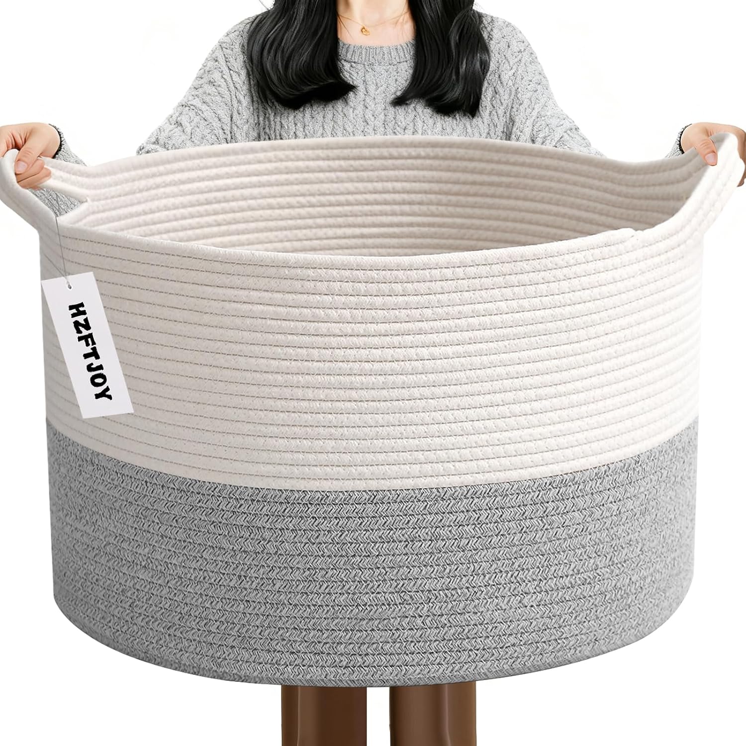 65L Large Blanket Basket,Woven Rope Laundry Basket-White&Grey