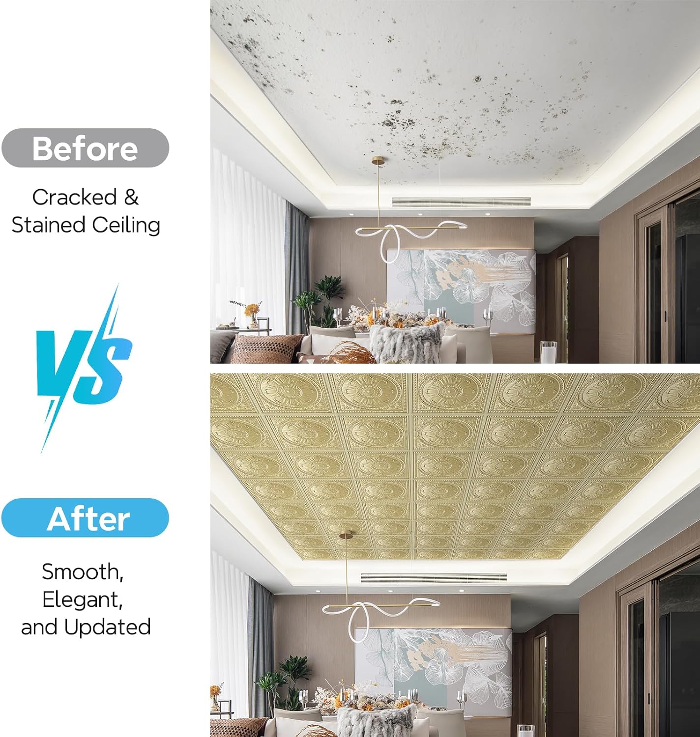 STICKGOO Drop Ceiling Tiles 24"x24", PVC Panels Waterproof Reusable, Covers 48 Sq.Ft., Baroque Decorative Ceiling Tiles