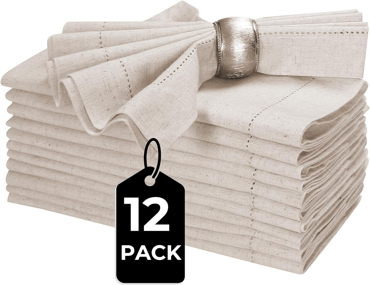 HOMIDATE Linen Cotton Cloth Dinner Napkins, 20x20, Set of 12 | Flax cotton blend, hemstitched mitered corners, machine