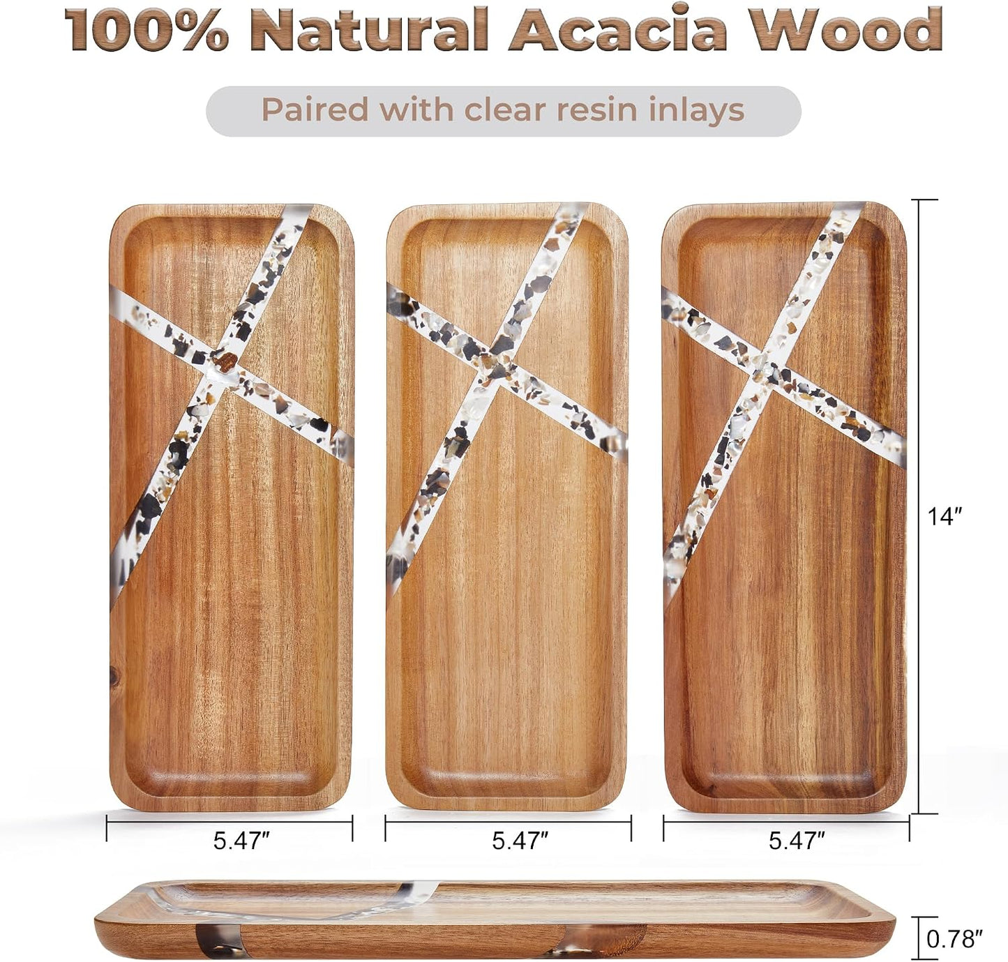 Resin Inlay Acacia Wood Trays / Resin 14"* / 14 x 5.5 / Set of 3