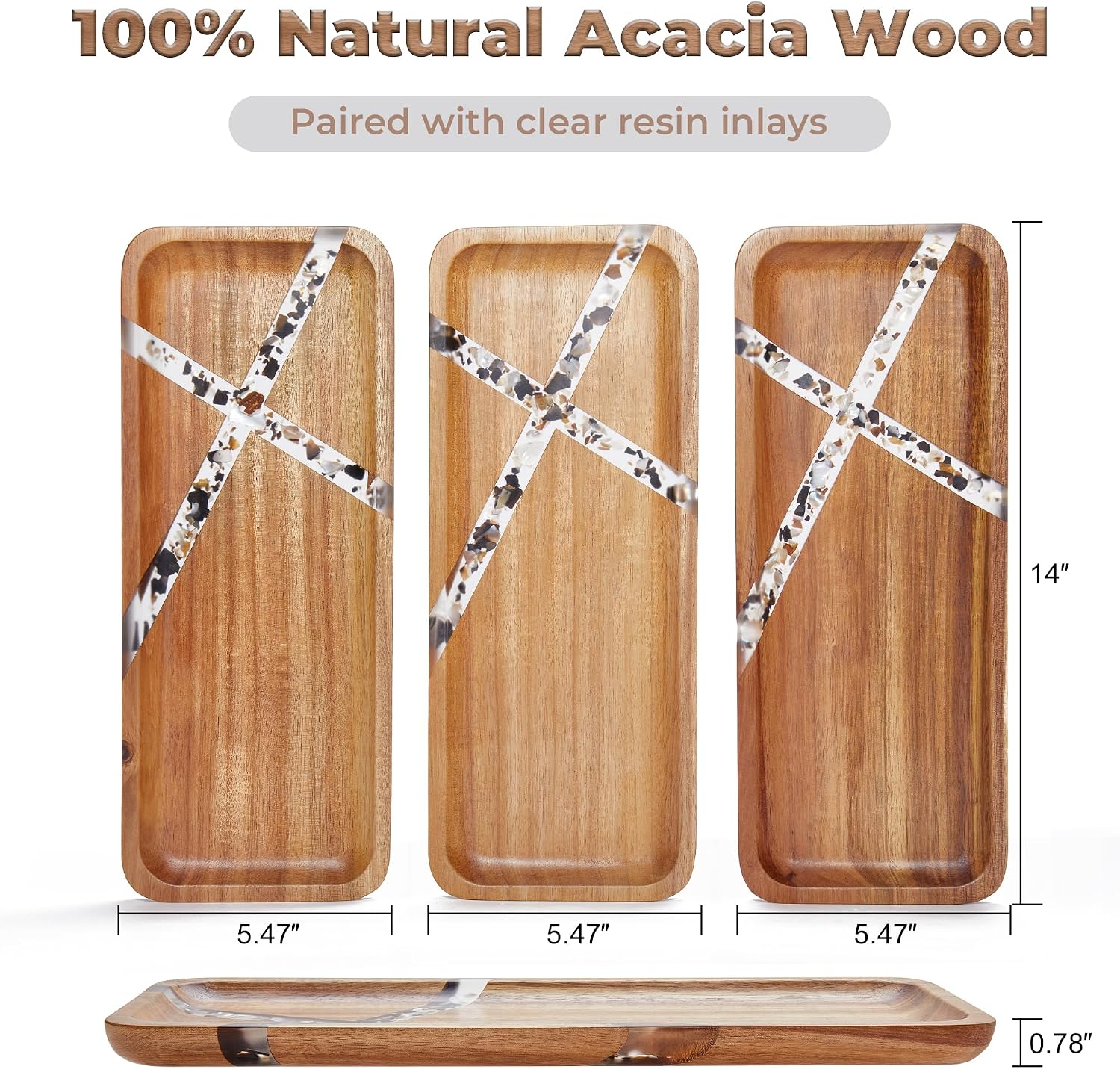 Resin Inlay Acacia Wood Trays / Resin 14"* / 14 x 5.5 / Set of 3