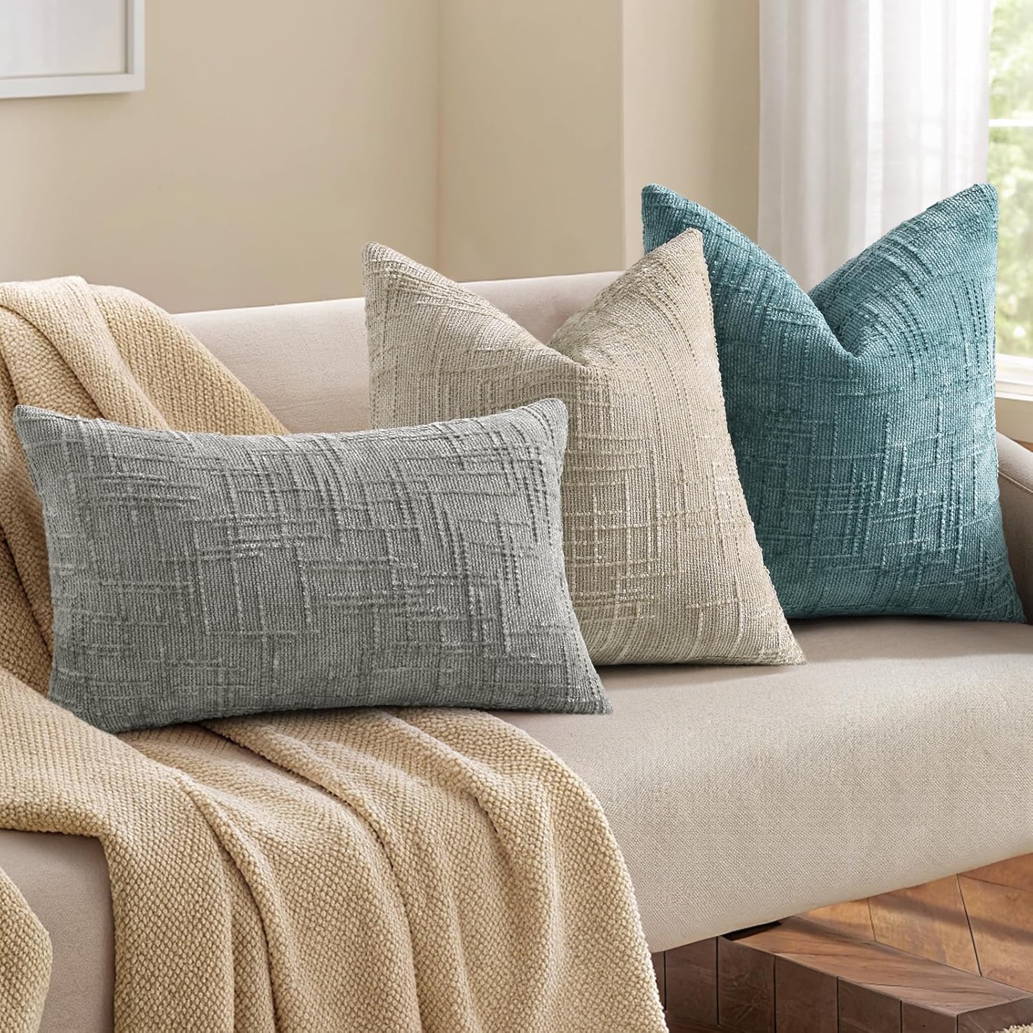 Fall Chenille Throw Pillow Covers Textured Soft Slubby Couch Pillow / Teal / 18 x 18 / Set of 2
