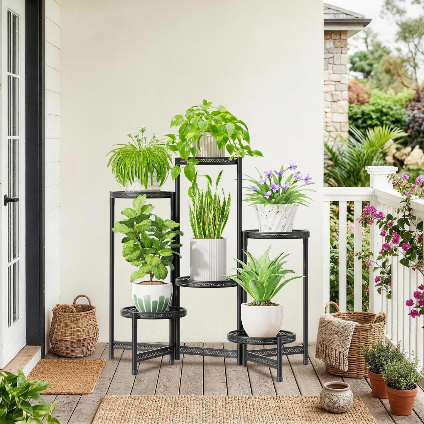 iDavosic.ly 6 Tier Large Plant Stand Indoor Outdoor, 10 In Tray, Iron Black | Tiered Metal Corner Heavy Duty Multiple