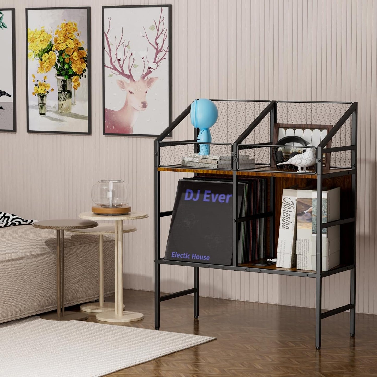 EYOCAL Vinyl Record Holder Storage Rack,200 LP Wooden Record Display Table for Albums Books Magazines Files for Living