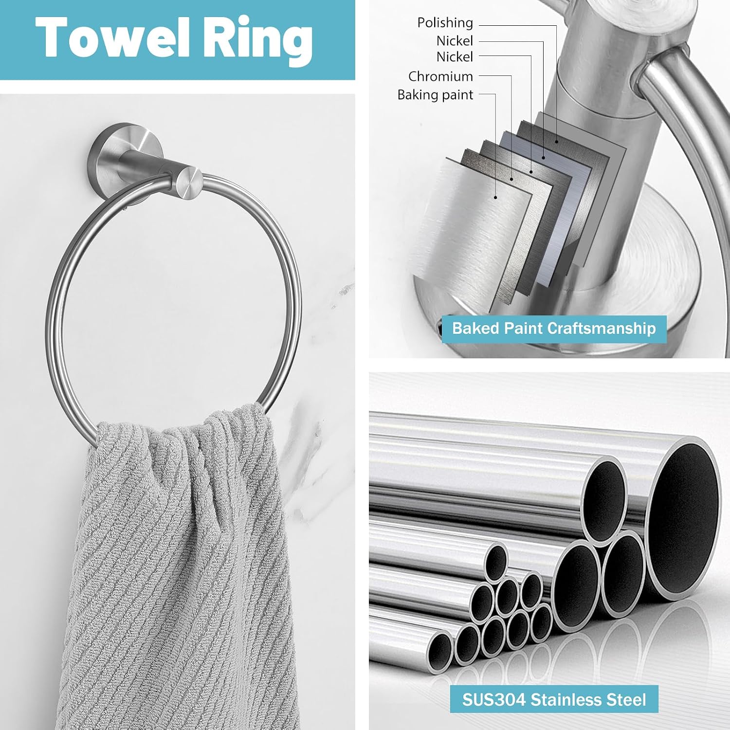 Brushed Nickel Bathroom Hardware Set, 6 Pieces Towel Bar Bathroom Accessories Set Toilet Paper Holder Towel Holder