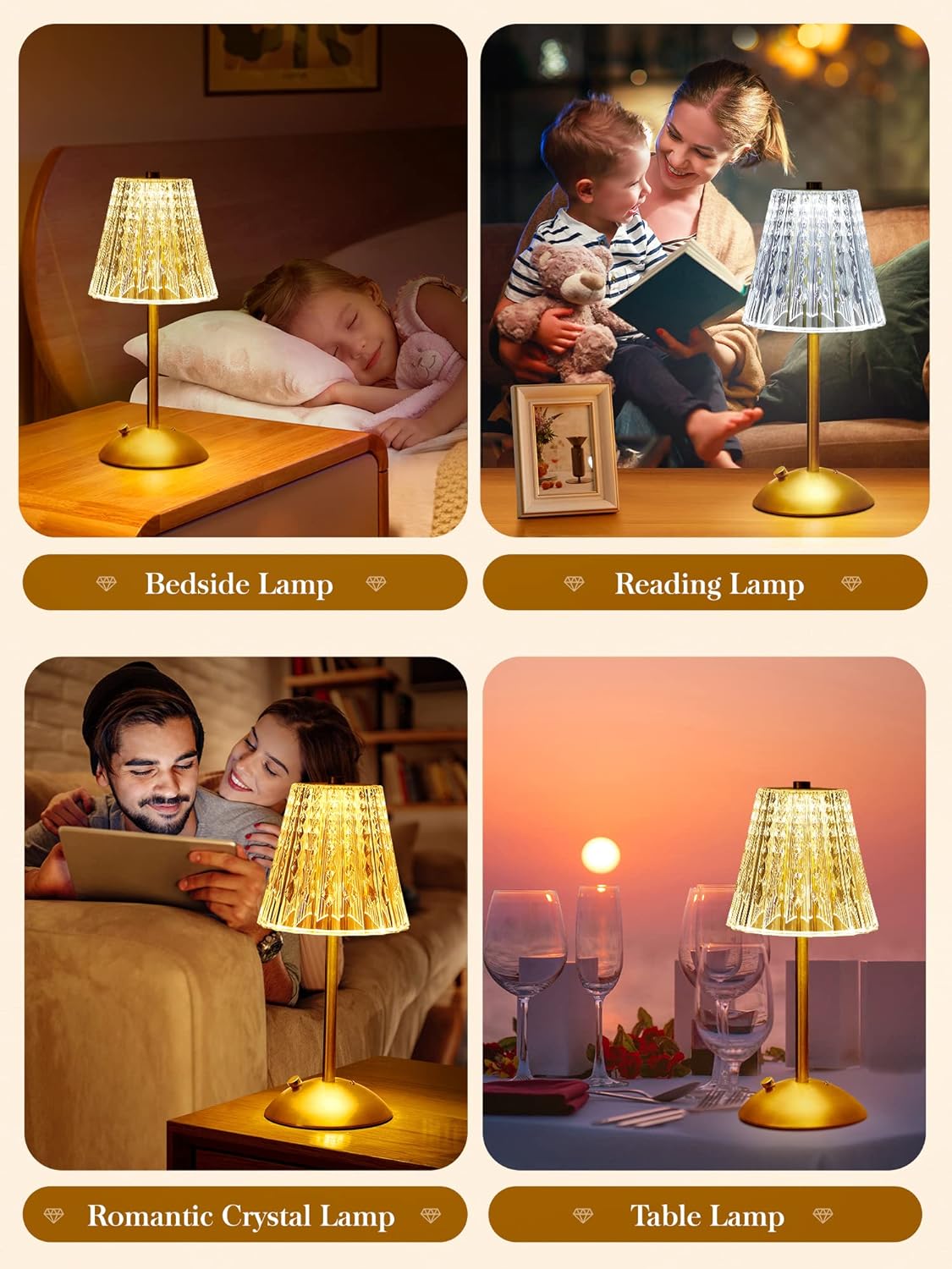 【3200mAh】Brass Table Lamp, 3 Colors+Dimmable+Touch Crystal Lamp LED Gold Lamp, Mood Lighting Mood Light, Brass Decor