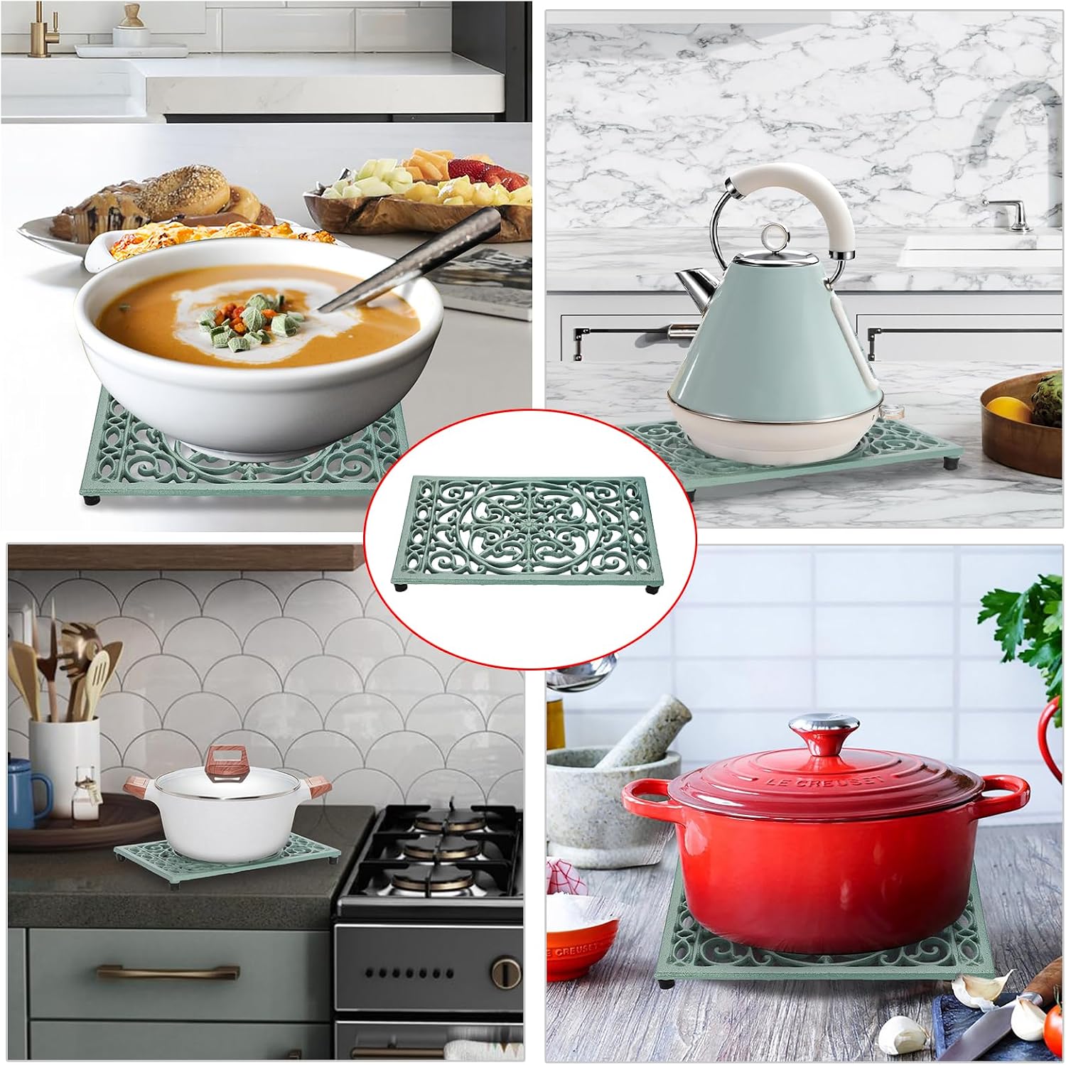 Sumnacon Cast Iron Trivet 2Pcs Heat Resistant Trivets for Hot Pots and Pans | 9.6 x 6.3 Inch Metal Trivets with Rubber