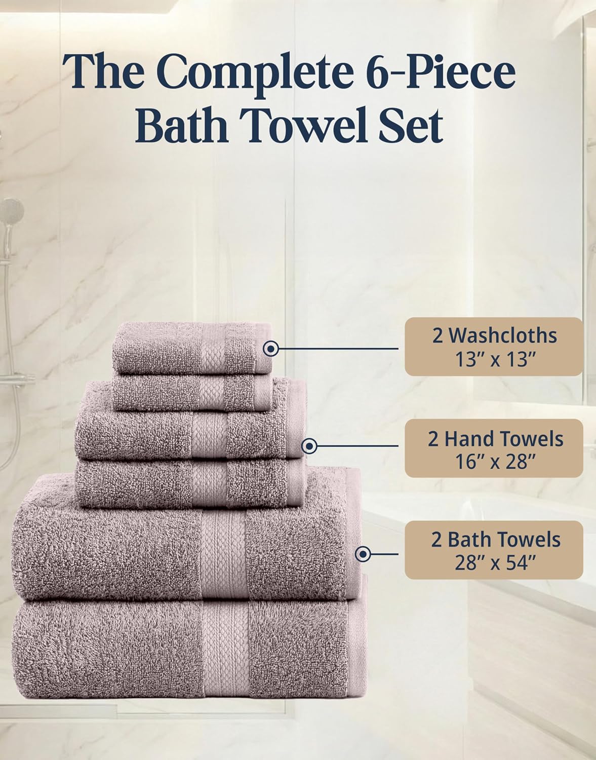 LANE LINEN Towel Set Quick Dry 100% Cotton 6 Piece Soft - Platinum | Cotton Bath Towel Set - Ring-Spun Durability