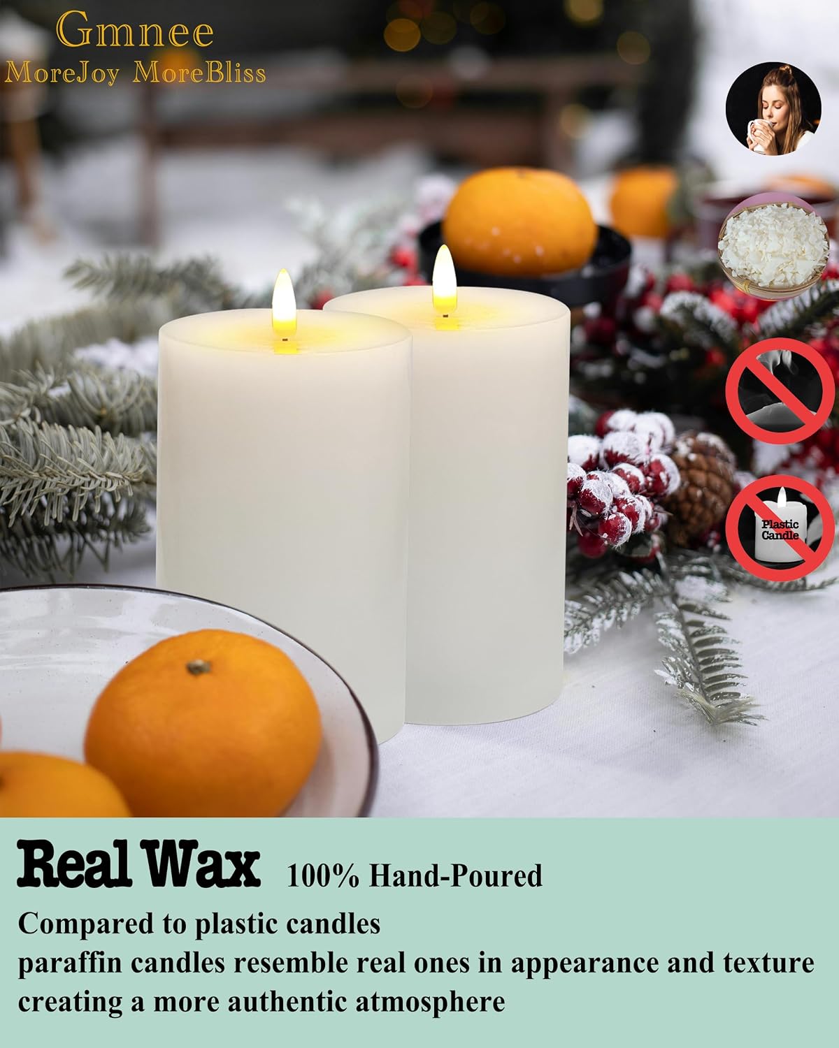 Gmnee 4"x6" Flickering Flameless Candles with Remote Timer, Real Wax, White | 2 Pack 4" Diameter Extra-Large Pillar