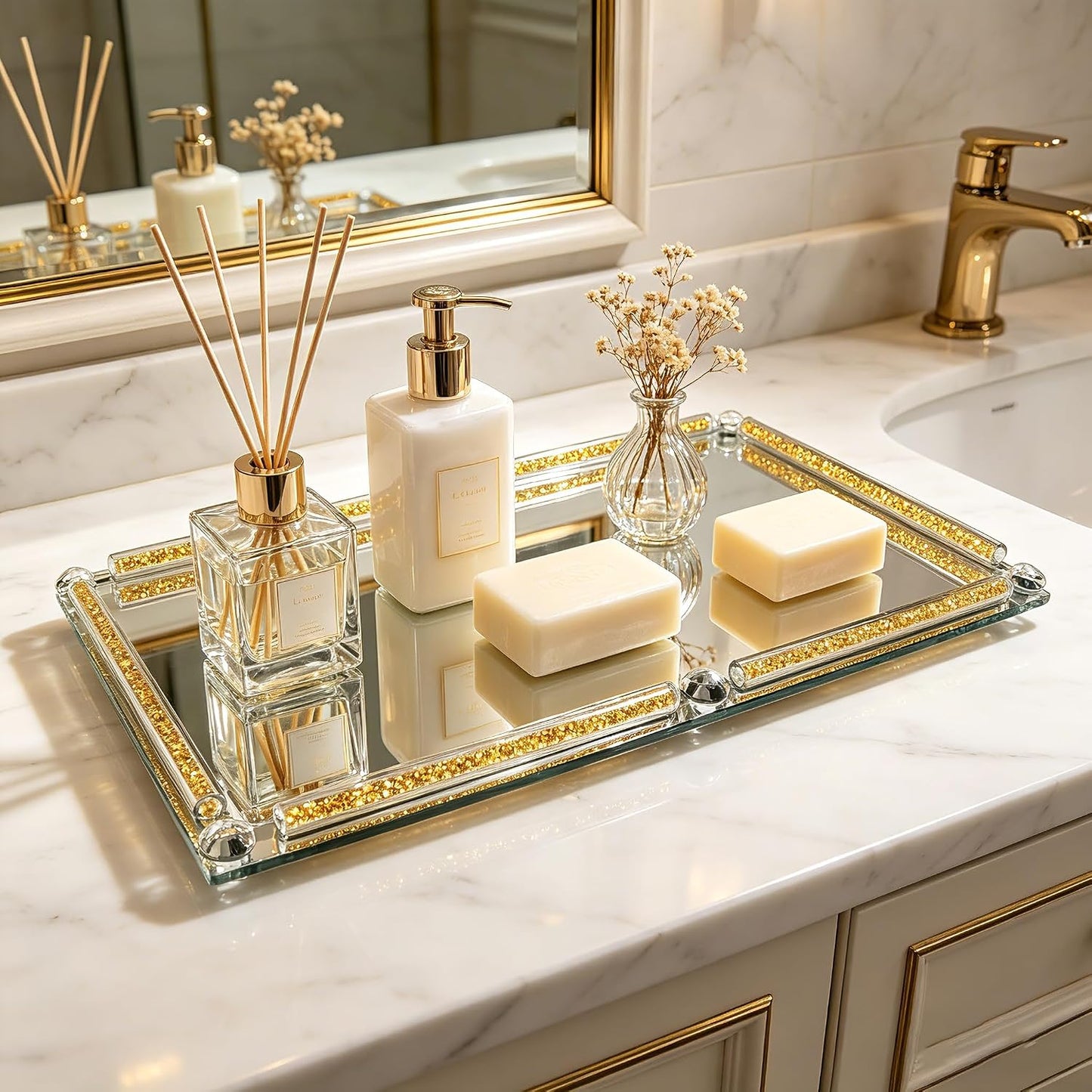 Crushed Diamond Filled Glass Vanity Tray / Gold / 15.7 x 11.8 x 1.4