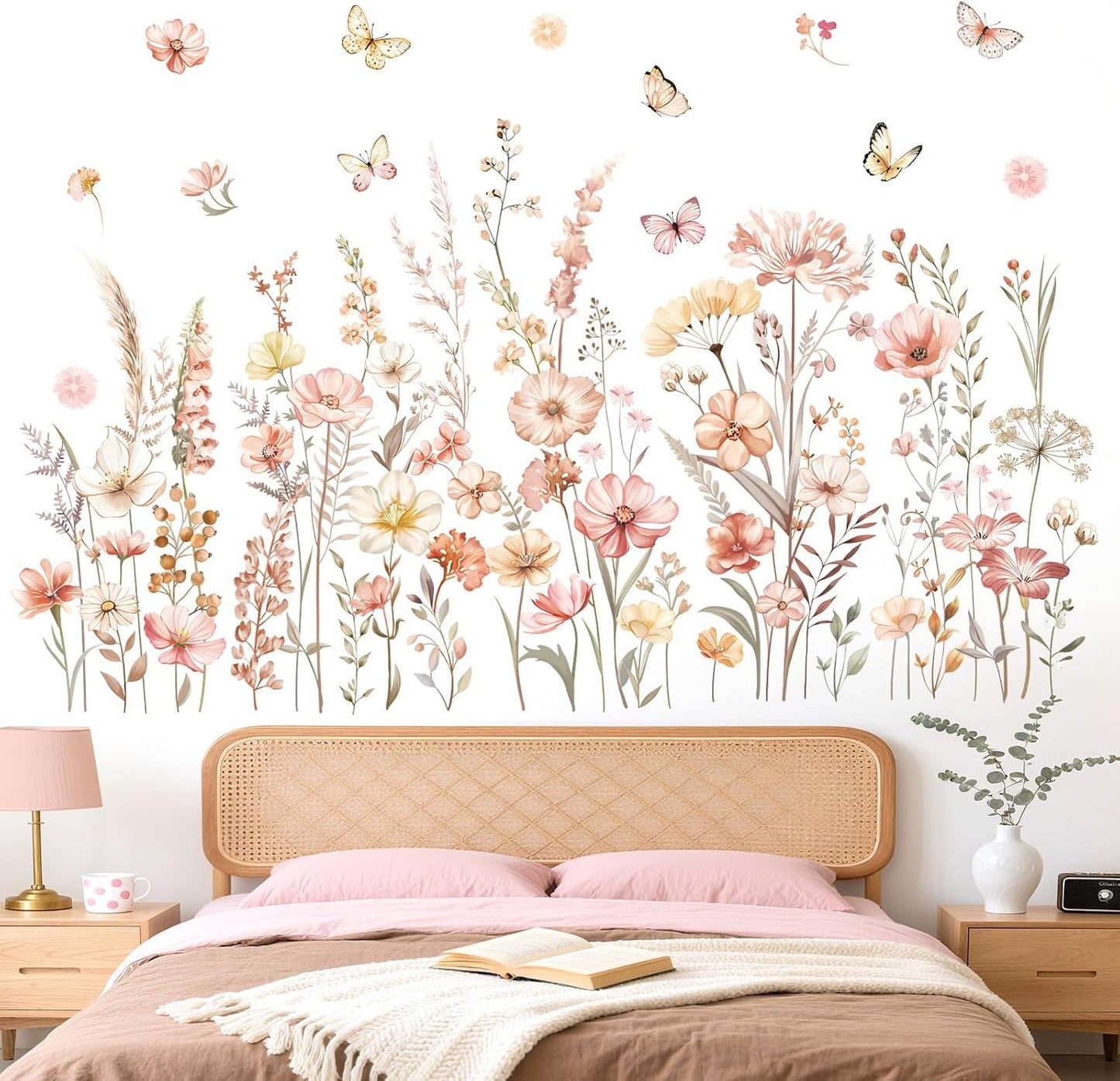 Watercolor Boho Flowers Wall Decals Wildflower Floral Grass Plants Butterfly Wall Stickers Bedroom