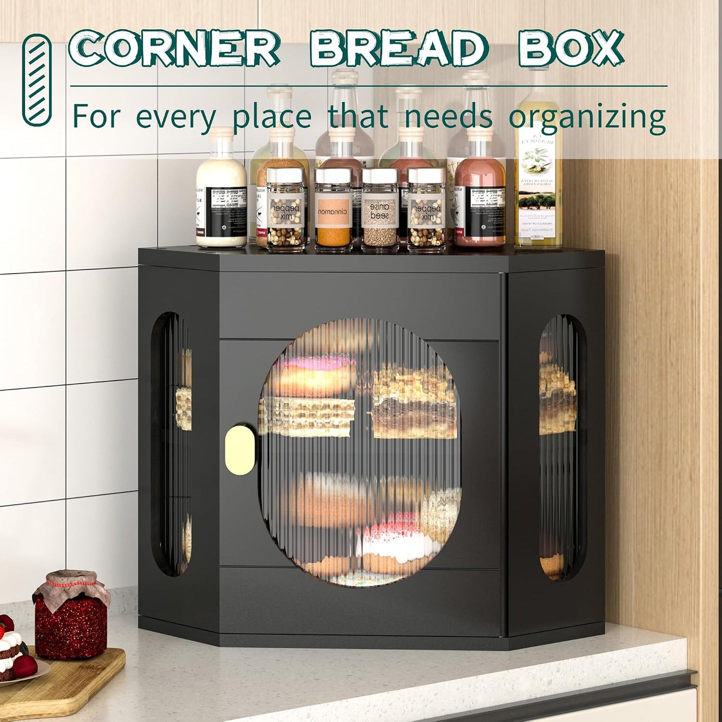 Corner Bread Box for Kitchen Countertop, Large Wooden Bread Box, Double Layer Bread Storage Bin, Bamboo Breadbox for
