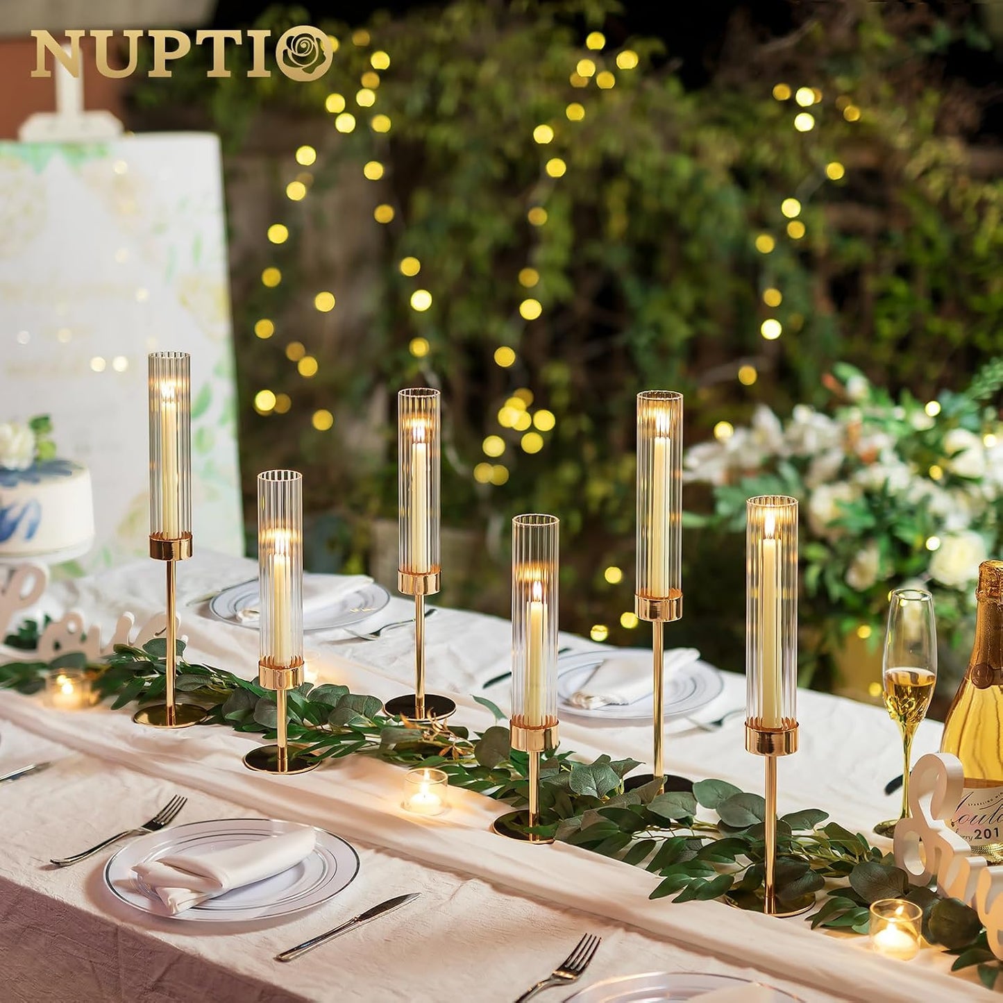 NUPTIO Tall Candlestick Holders for Centerpiece, Hurricane Candle Holder | Set of 3 Candle Stick Holders with Ribbed