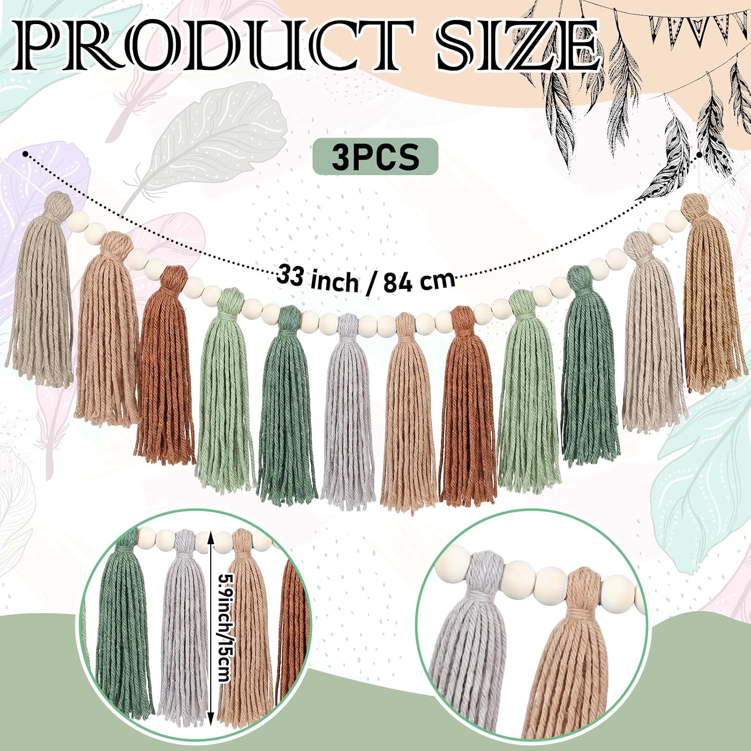 Tassel Garland Boho Wall Decor Colorful Pastel Tassel Wall Hanging / Sage Green / Set of 3