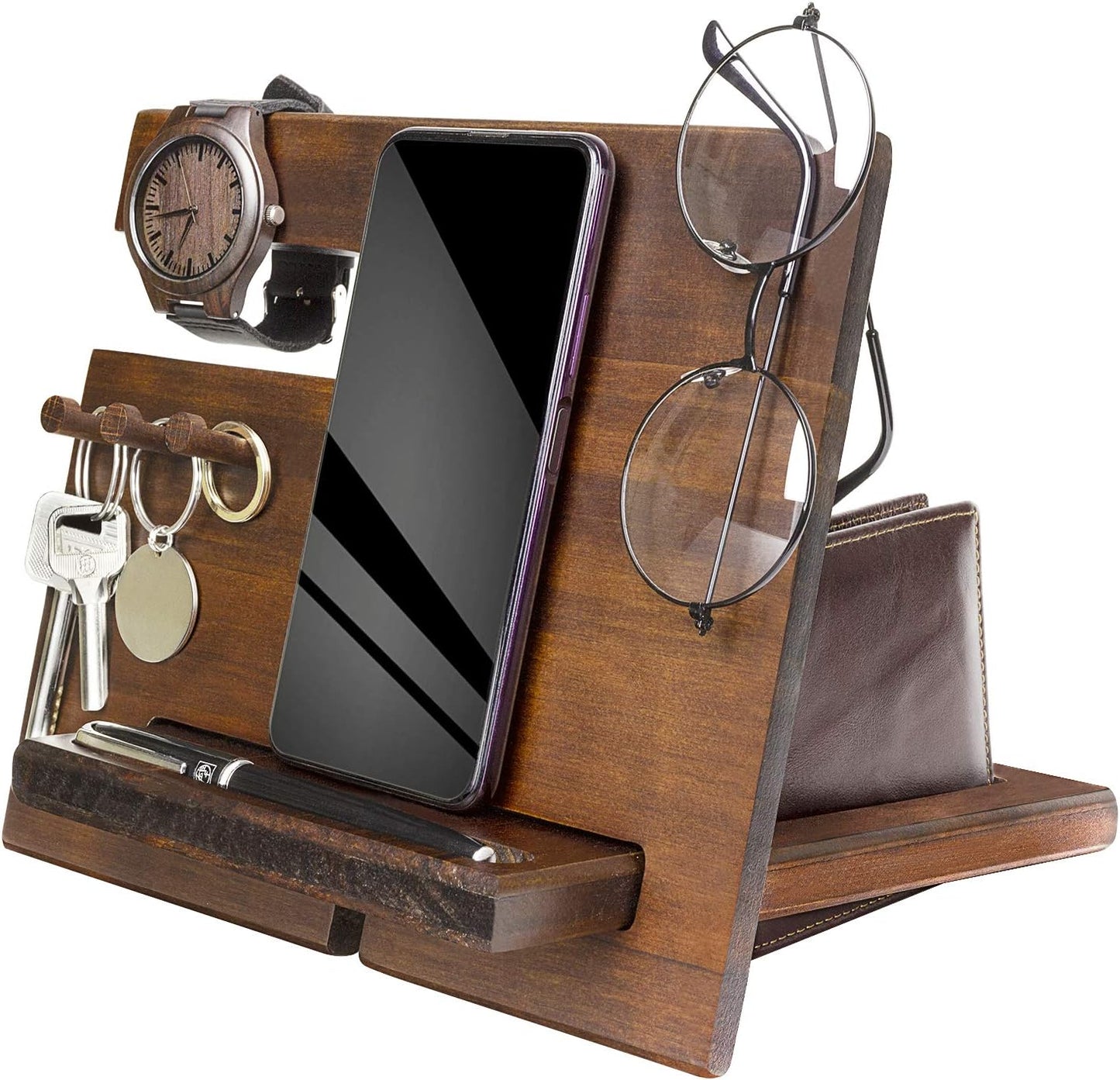Wood Phone Docking Station for Men Personalized - Hooks Key Holder Wallet Stand Watch Organizer - Gifts for Him Husband