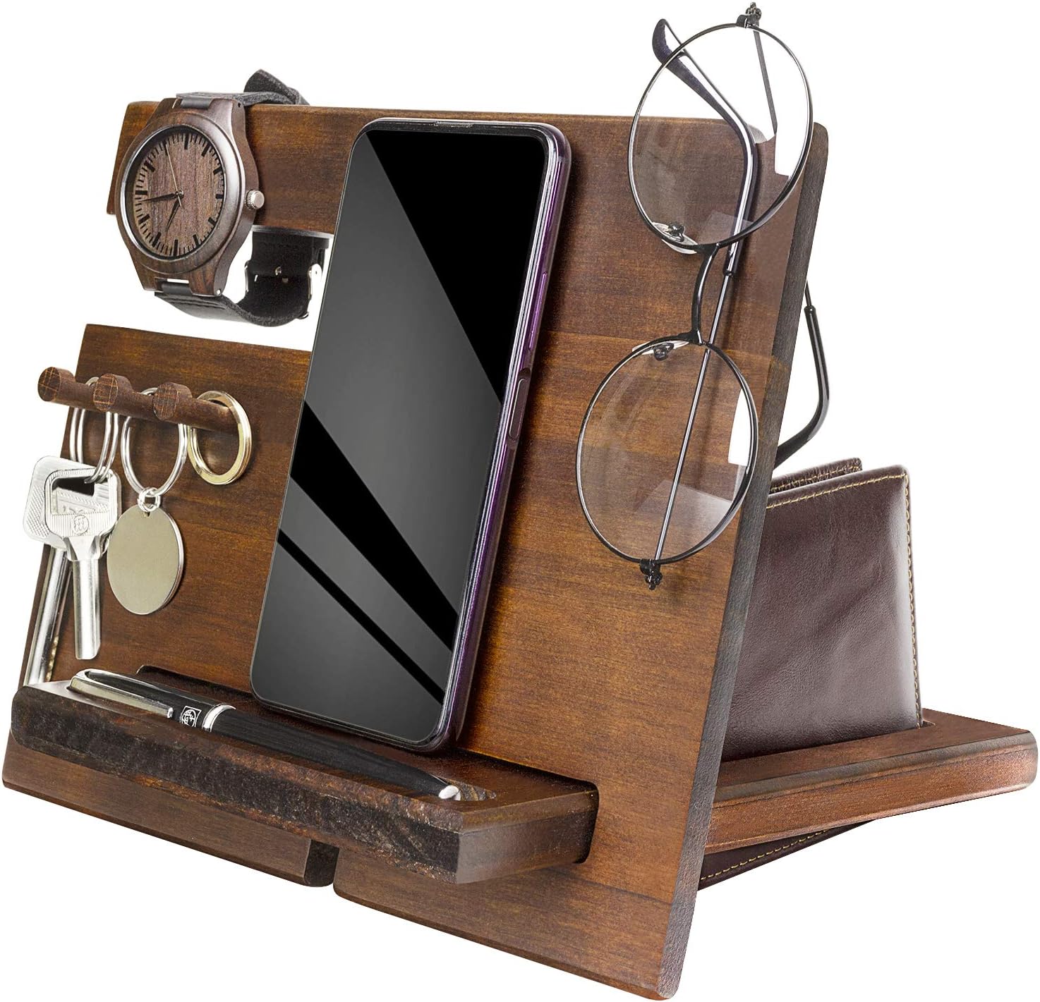 Wood Phone Docking Station for Men Personalized - Hooks Key Holder Wallet Stand Watch Organizer - Gifts for Him Husband