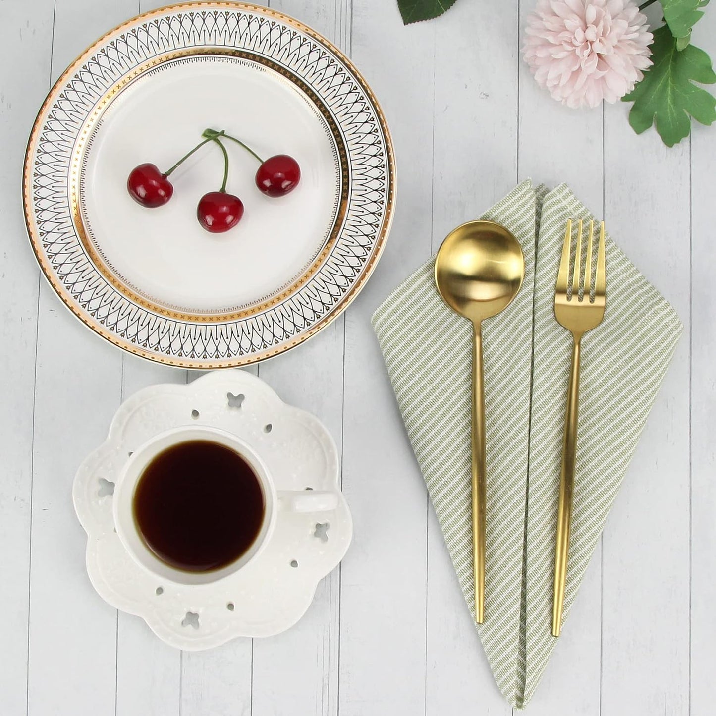 Narrow Striped Cotton Linen Blended Dinner Cloth Napkins - Set of 12 (40 x 40 cm) - for Christmas Parties Events & Home