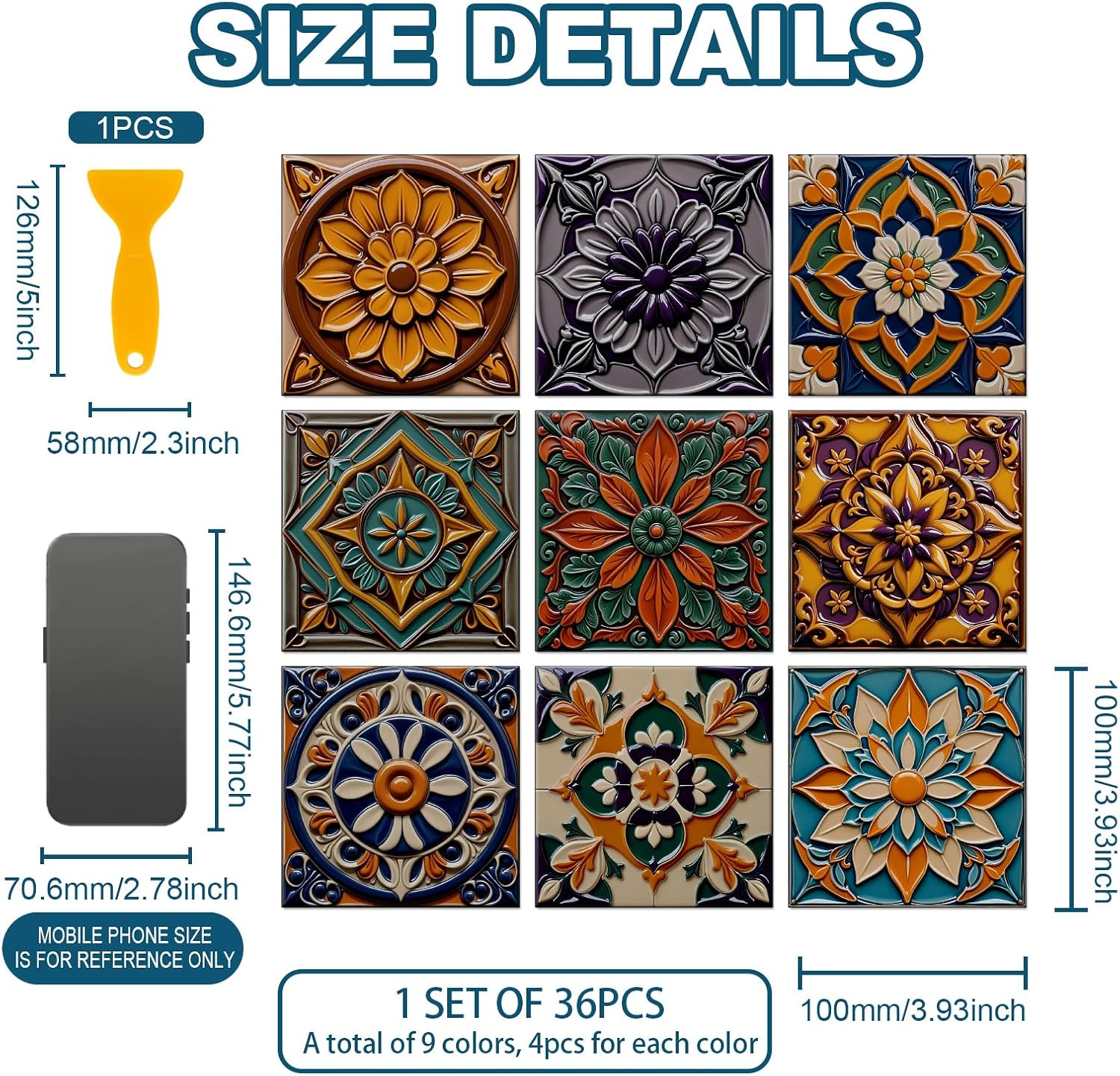 9 Styles Simple Patten Tile Sticker Colorful Floral Patten Wall Tile / Embossed Floral / Set of 36