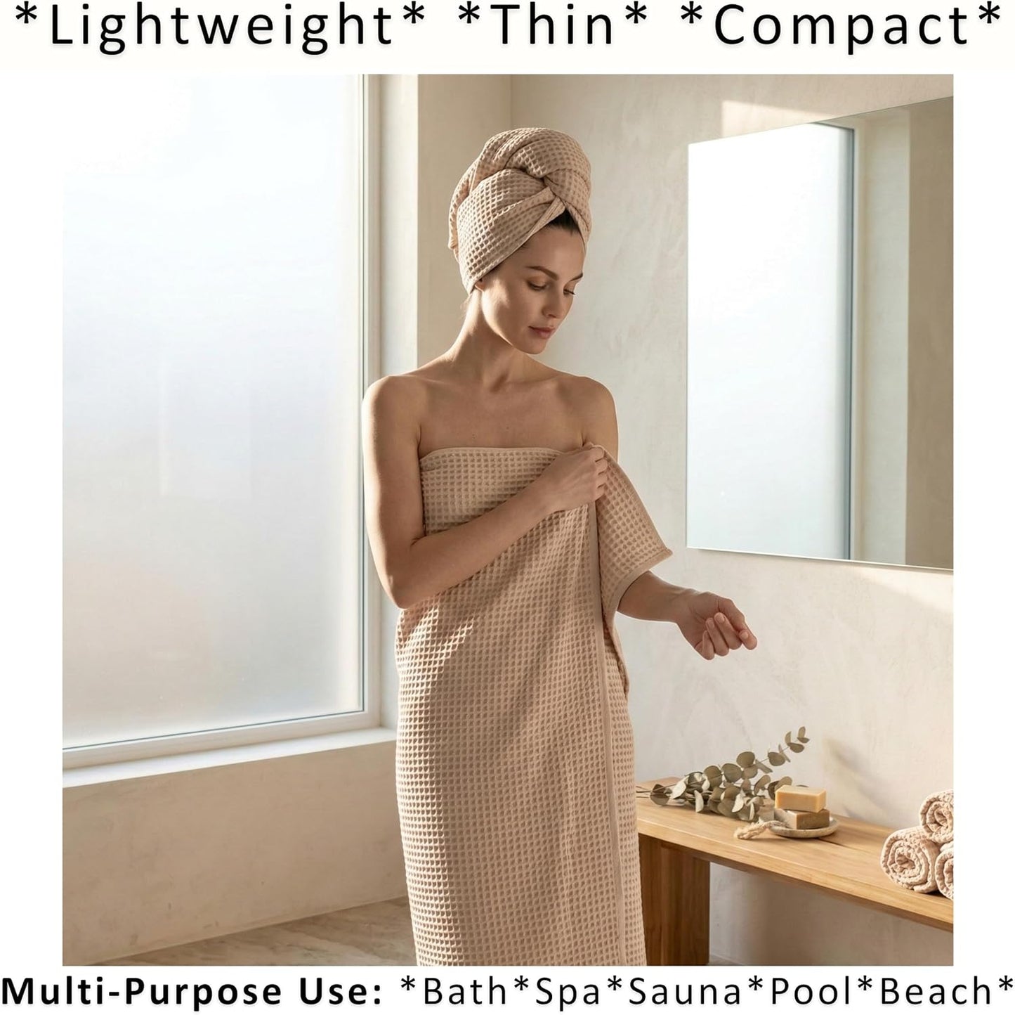 PÜSKÜL Natural 100% Turkish Cotton Waffle Bath Towels Set of 2, Extra-Large | Beige, Oversize 32x63" Bath sheet towel