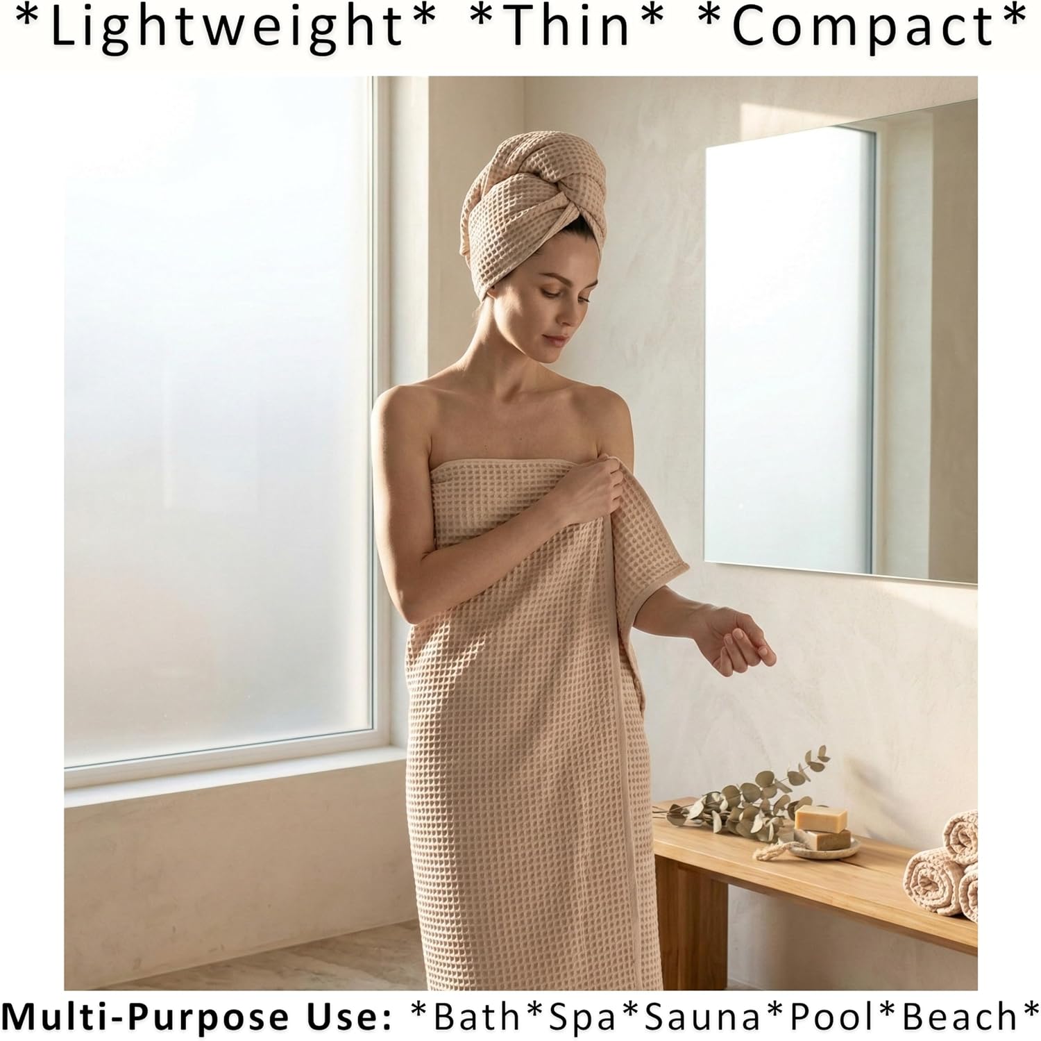 PÜSKÜL Natural 100% Turkish Cotton Waffle Bath Towels Set of 2, Extra-Large | Beige, Oversize 32x63" Bath sheet towel