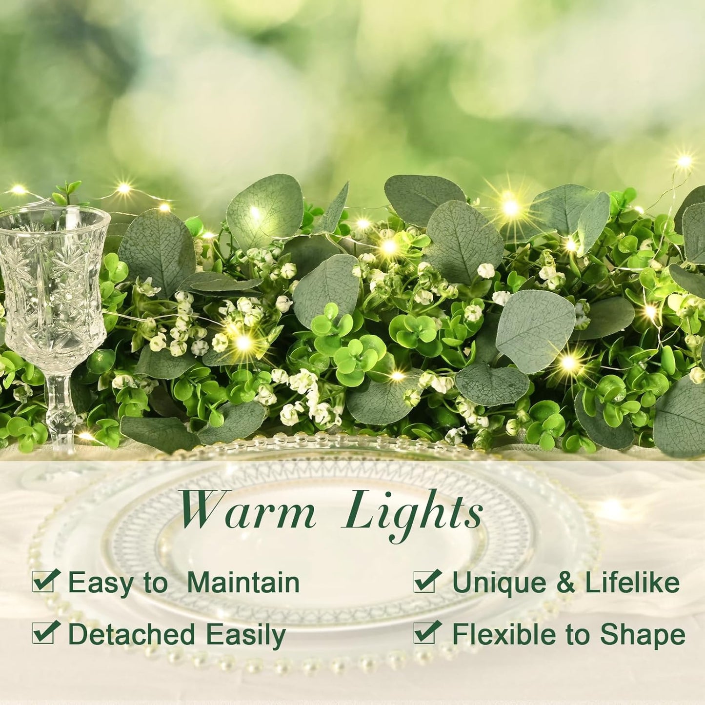 Garland / Flowers / Eucalyptus Garland with Lights / Green / 5.9 Inch / Set of 8