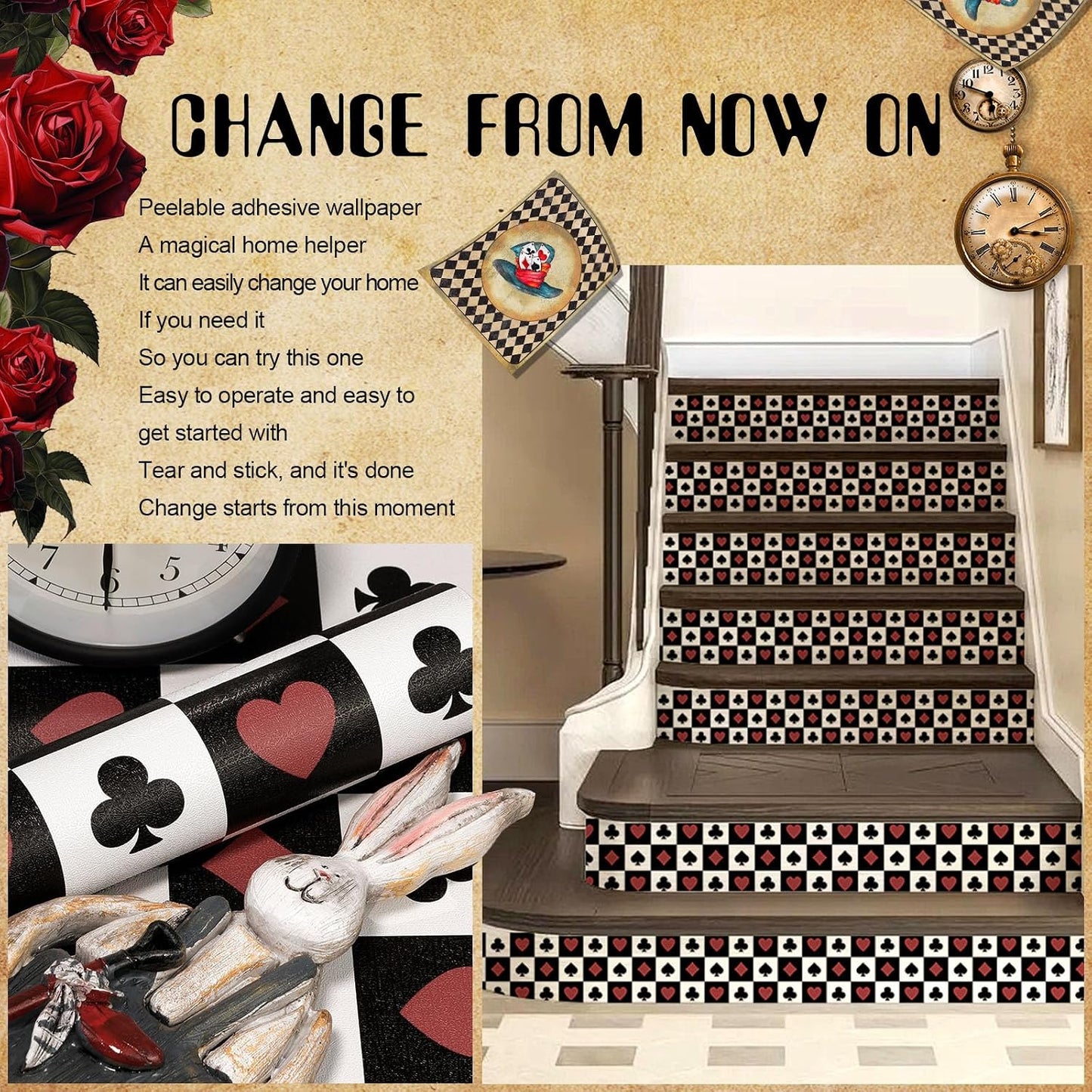 Wallpaper Peel and Stick Red "Gothic Contact Paper Self / Poker / Checkered / 17.3 x 120 / Black