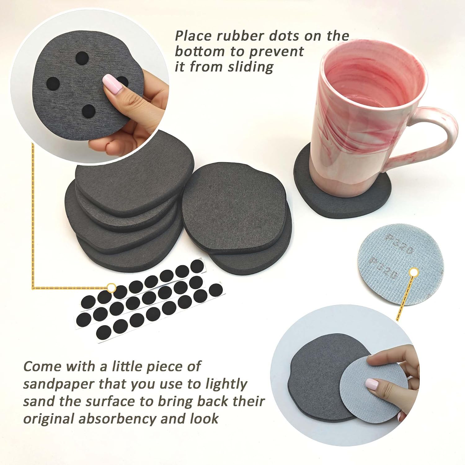 Absorbent Coasters for Drinks Modern Unique Aesthetic Stone Coaster for Desks / Dark Grey / Set of 6