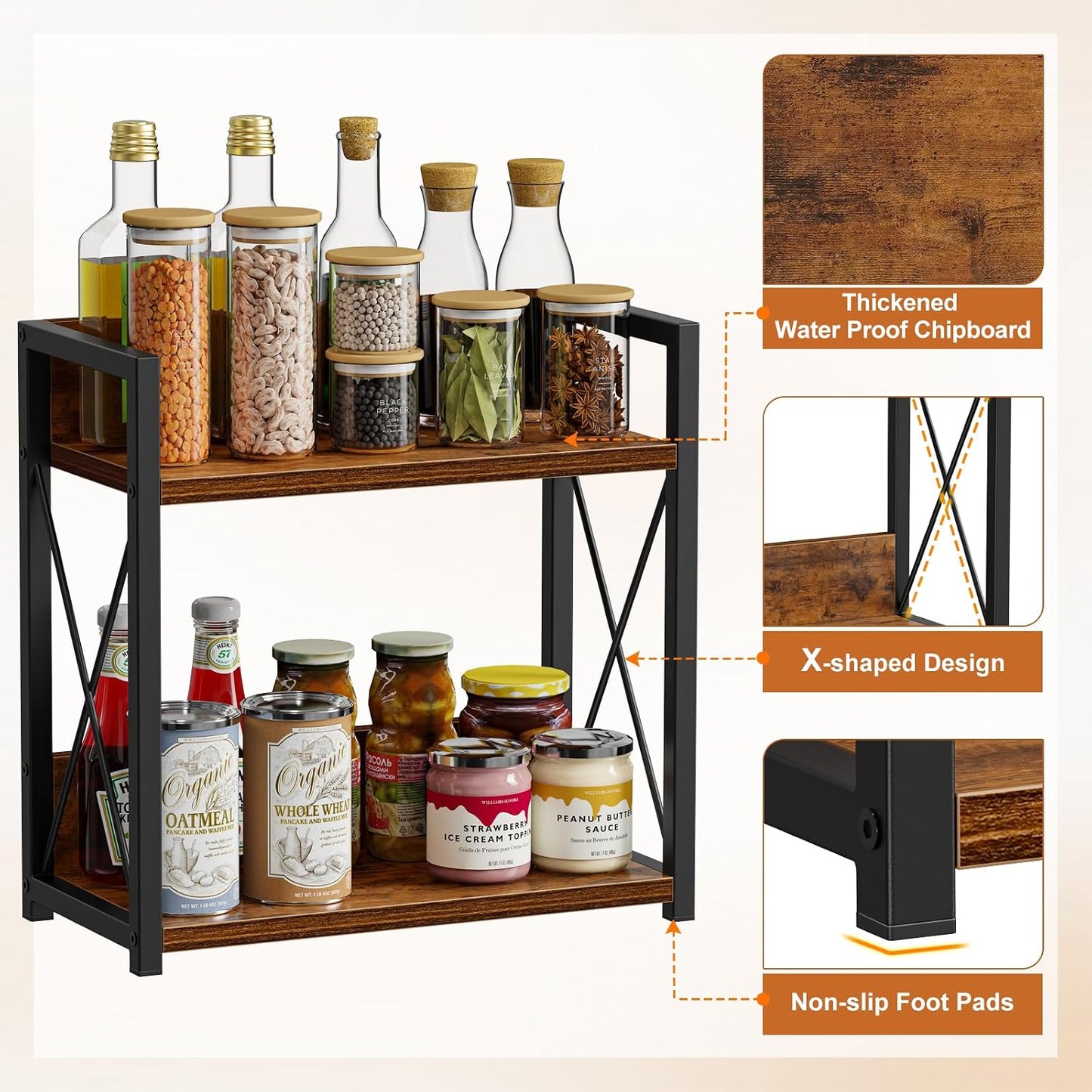 Giikin Kitchen Counter Shelf, Kitchen Countertop Organizer, 2 Tier Spice Rack for Counter, Wood Coffee Bar Organizer