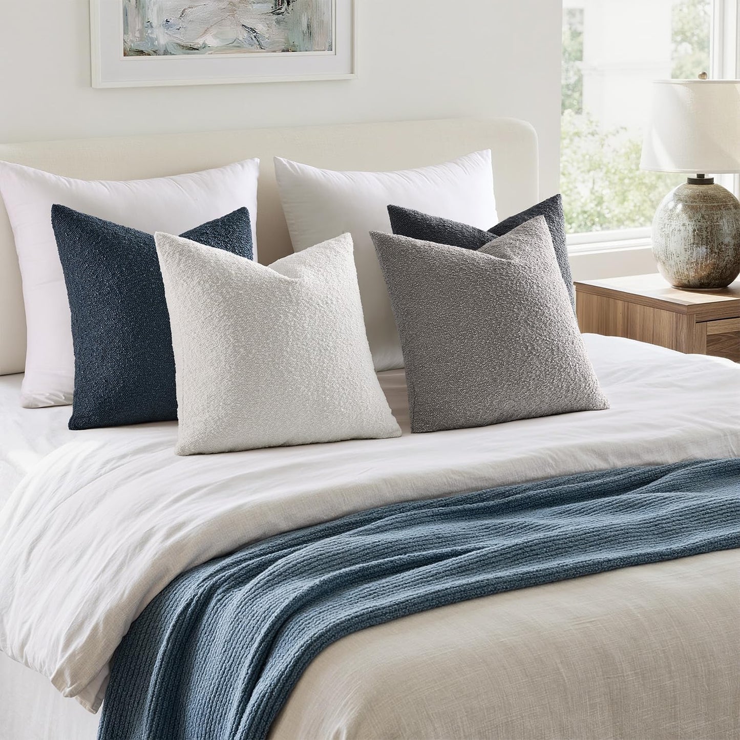 Decorative Textured Boucle Throw Pillow Covers Accent Solid Pillow / 18 x 18 / Blue Gray / Set of 4