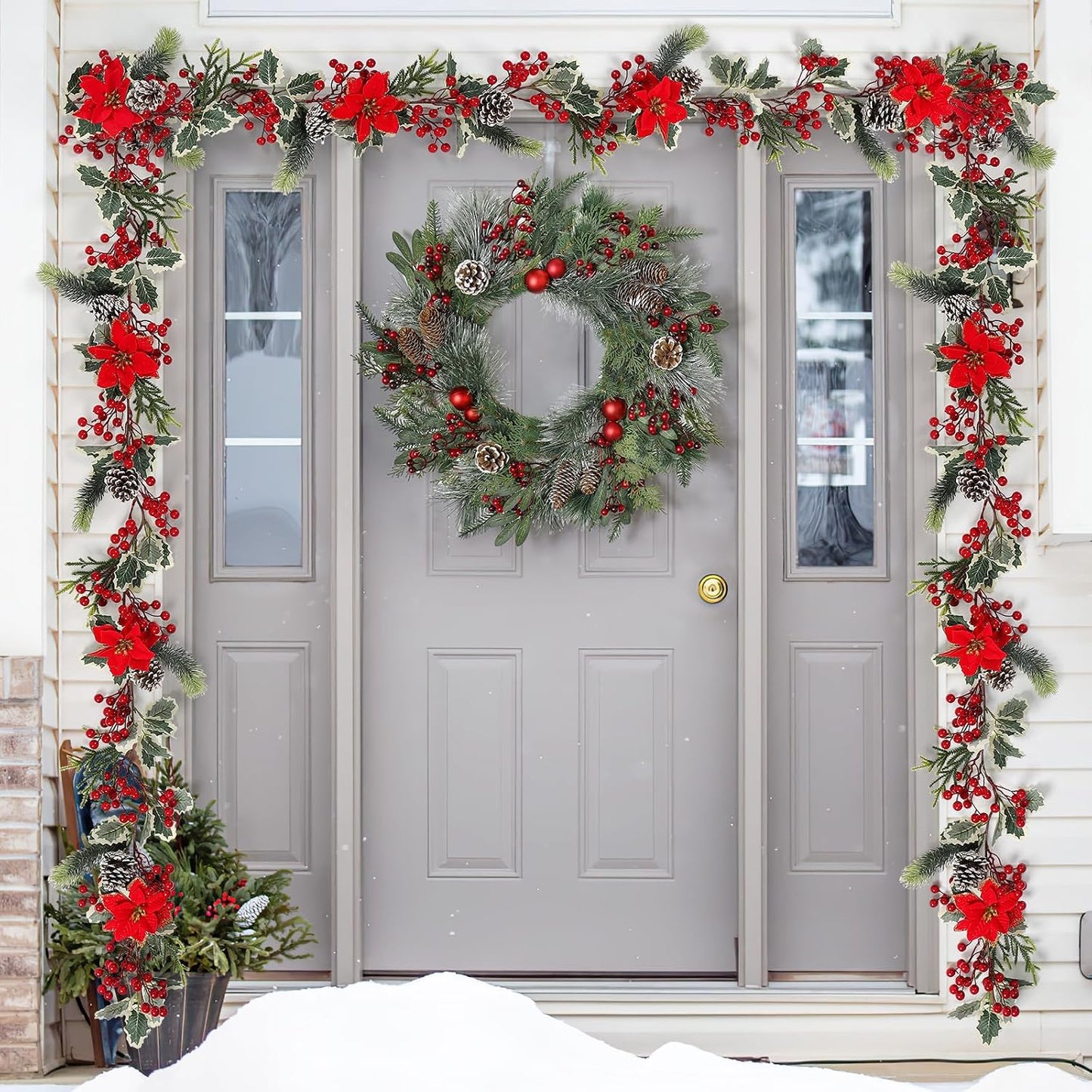 TOCHGREEN 12FT Red Berry Christmas Garland,Artificial Berries Garland with Pine Cones,Poinsettia Flowers and Holly