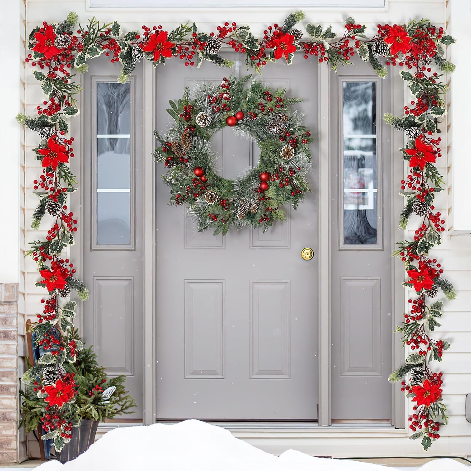 TOCHGREEN 12FT Red Berry Christmas Garland,Artificial Berries Garland with Pine Cones,Poinsettia Flowers and Holly