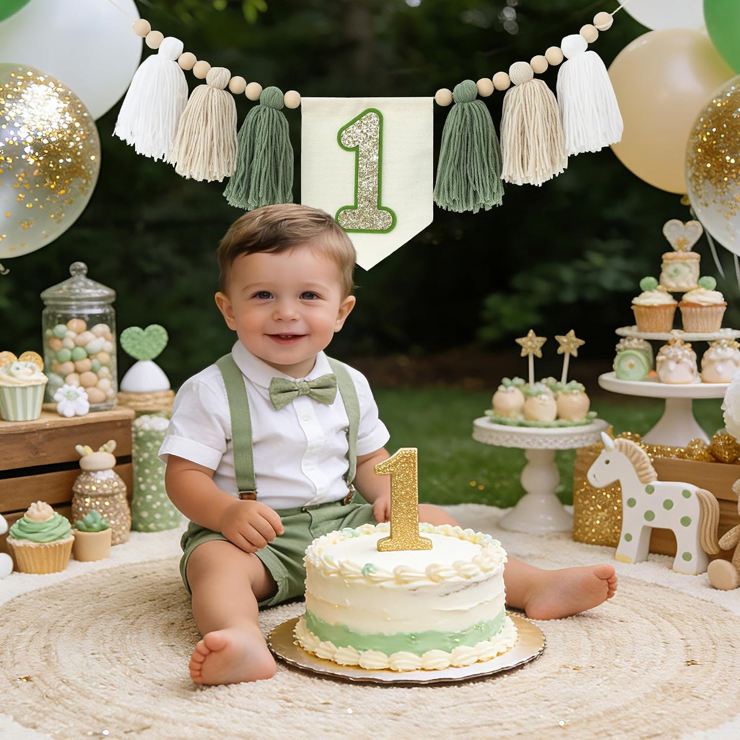 Wild One 1st Highchair Banner Handmade Wood Bead Tassel Garland Birthday Party / Green White