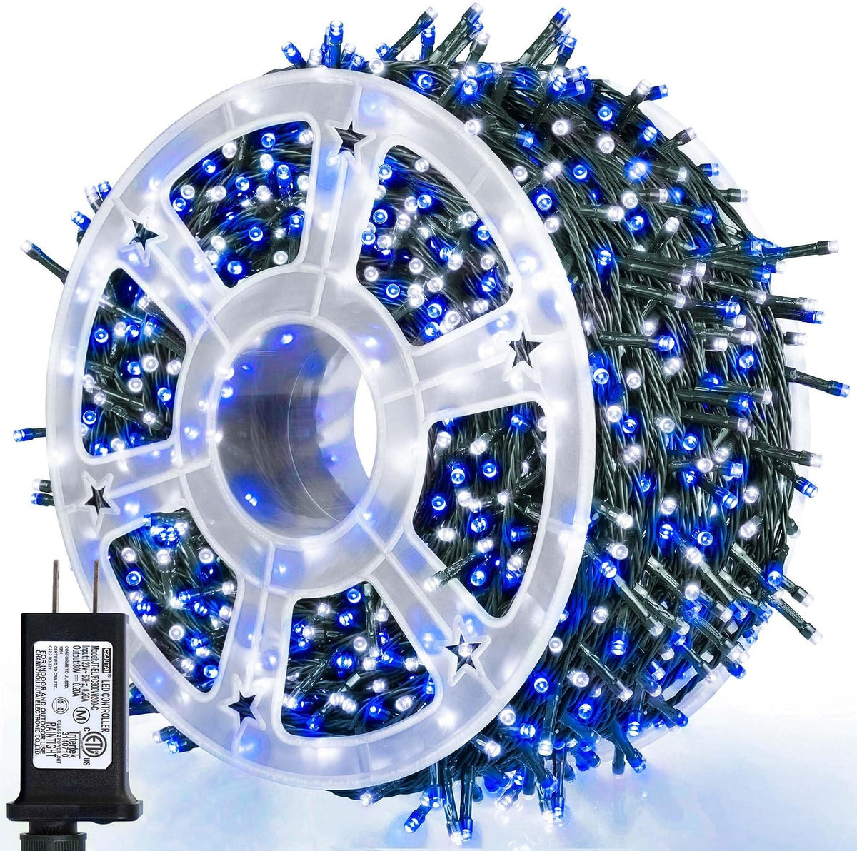 Wellisnow 164ft 500 LED Blue White Christmas Lights, 8 Lighting Modes Waterproof Christmas Lights Outdoor Plug in for Christmas Tree Yard Wedding Decorations(164FT,Blue&White)
