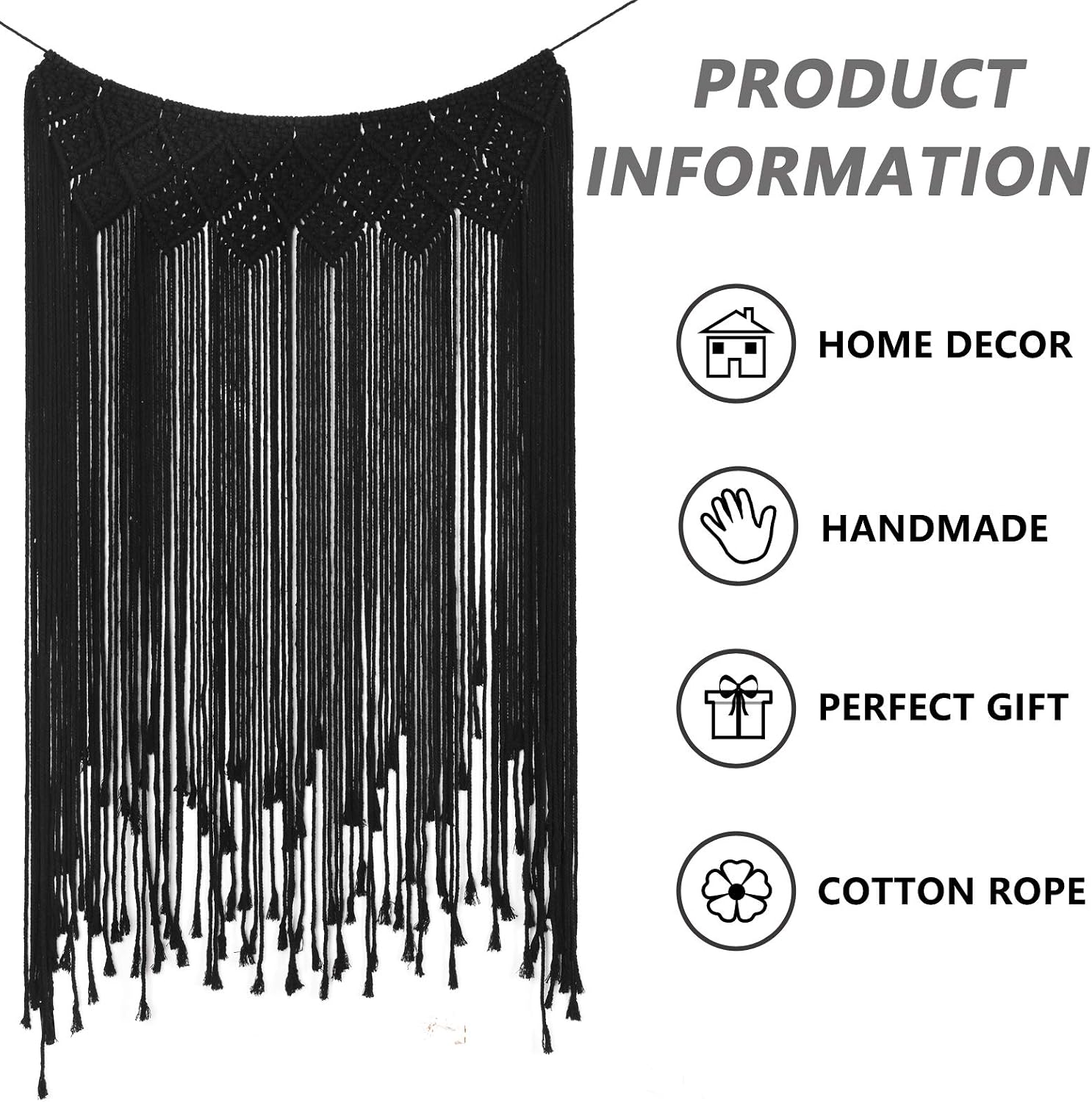 Macrame Wall Hanging Modern Chic Woven Wall Art Tapestry Boho Wedding Living Room Gallery / Black