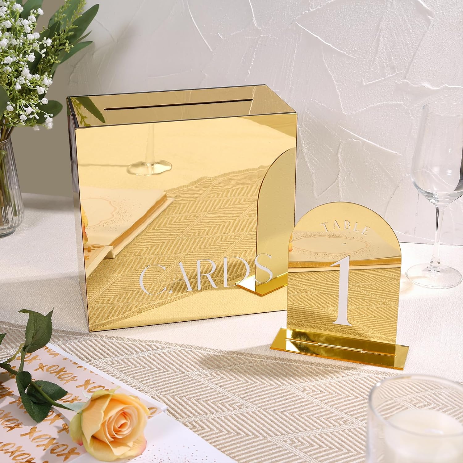 UNIQOOO Gold Mirror Arch Wedding Table Numbers with Stands 1-20, 5x7 Acrylic Display Signs and Holders, Pack of 20