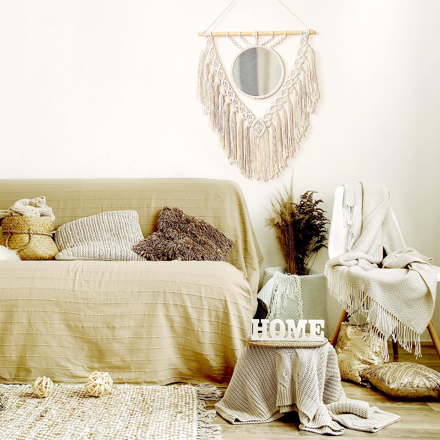 Boho Round Wall Mirror Macrame Wall Hanging Circle Hanging Mirror for Over Sink Bedroom Living Room