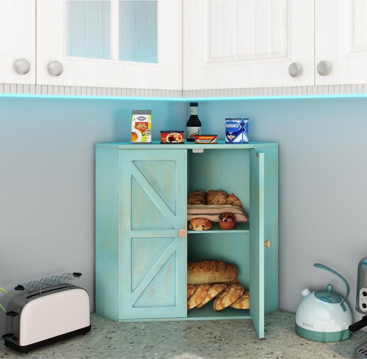Trironsun Corner Bread Box for Kitchen Counter Double Layer Bamboo Bread Storage Container Large Capacity Bread Storage