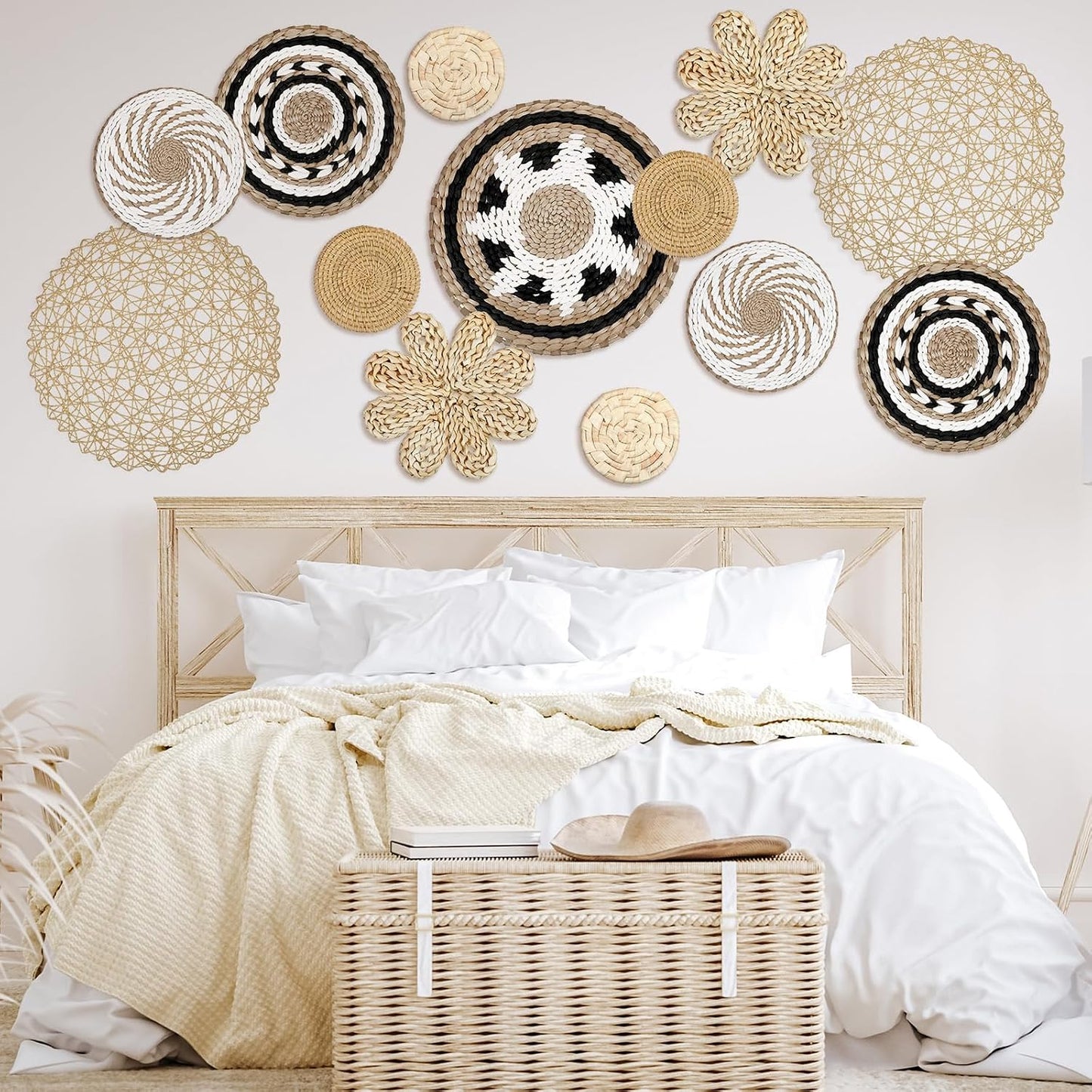 Boho Wall Basket Decor Woven Rattan Flat Baskets Handmade Boho Wicker Bamboo / Bohemian / Set of 13