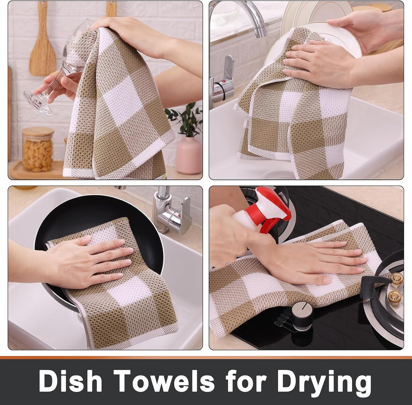 Mordimy Cotton Waffle Kitchen Towels, 13"x 28", 6 Pack, Khaki & White | Super Soft and Absorbent Buffalo Check, Durable
