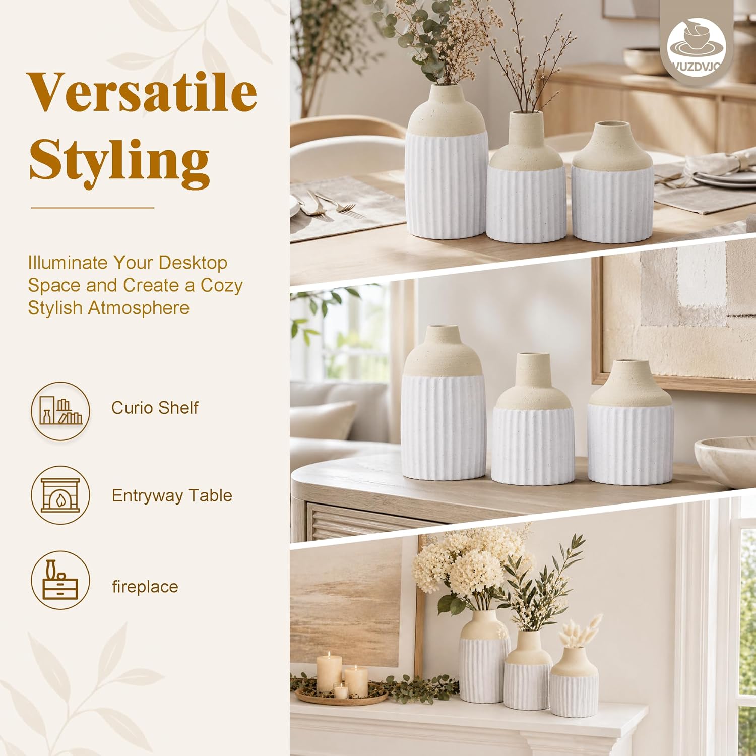 Modern Boho Style Ribbed Ceramic Bud Vases for Flowers / Beige White / Set of 3